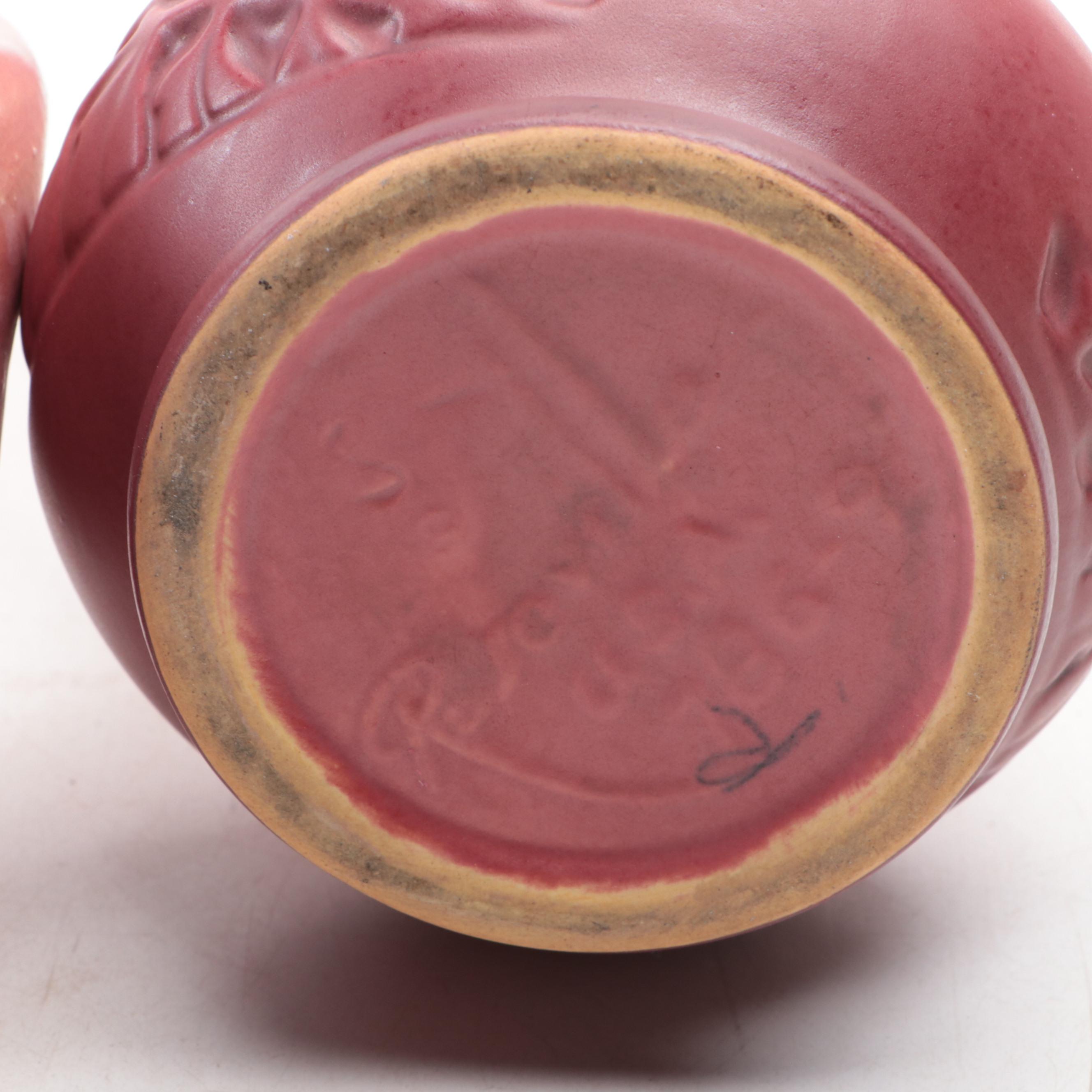 McCoy Pottery Double Tulip Vase with Roseville and Other Pink Glazed Vases