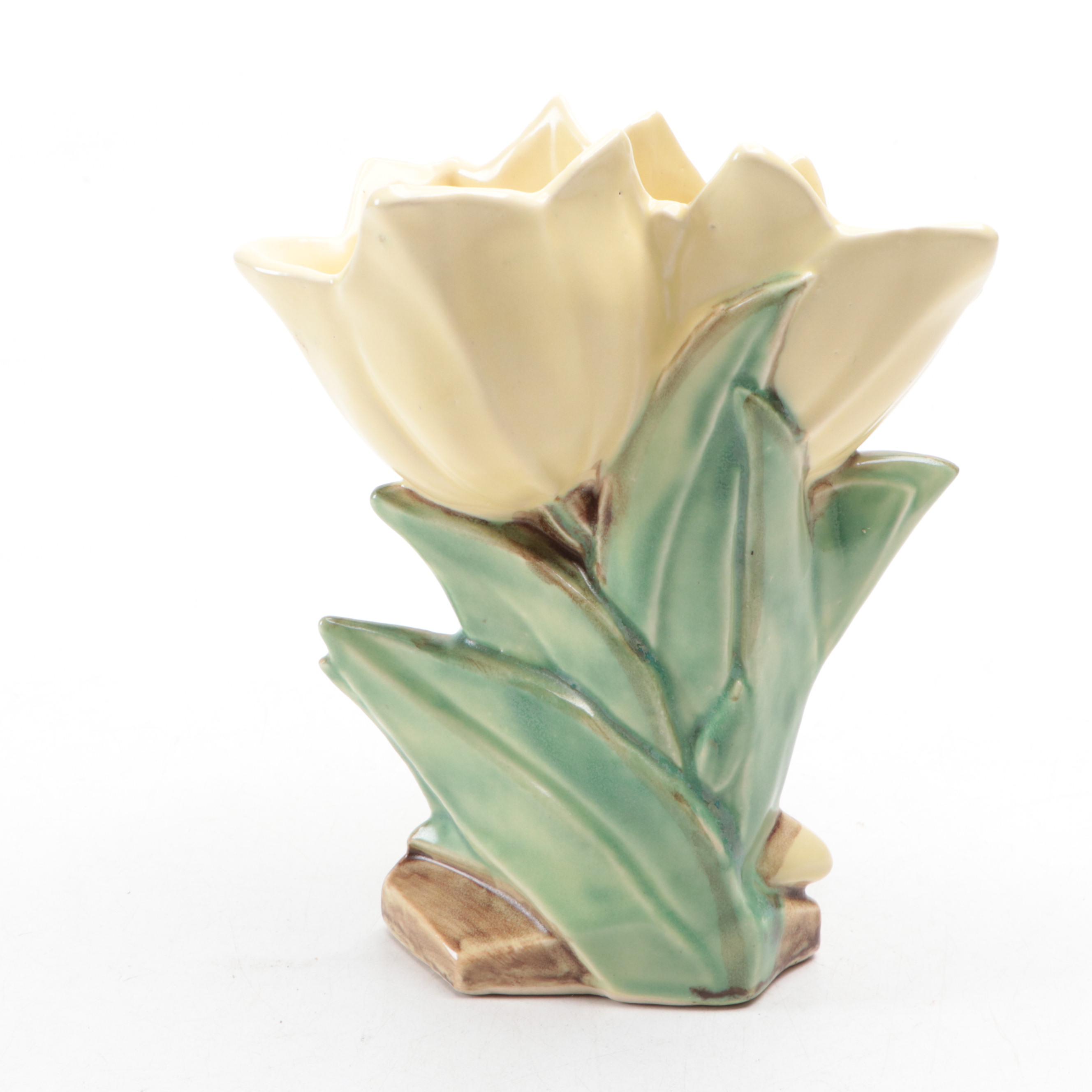 McCoy Pottery Double Tulip Vase with Roseville and Other Pink Glazed Vases