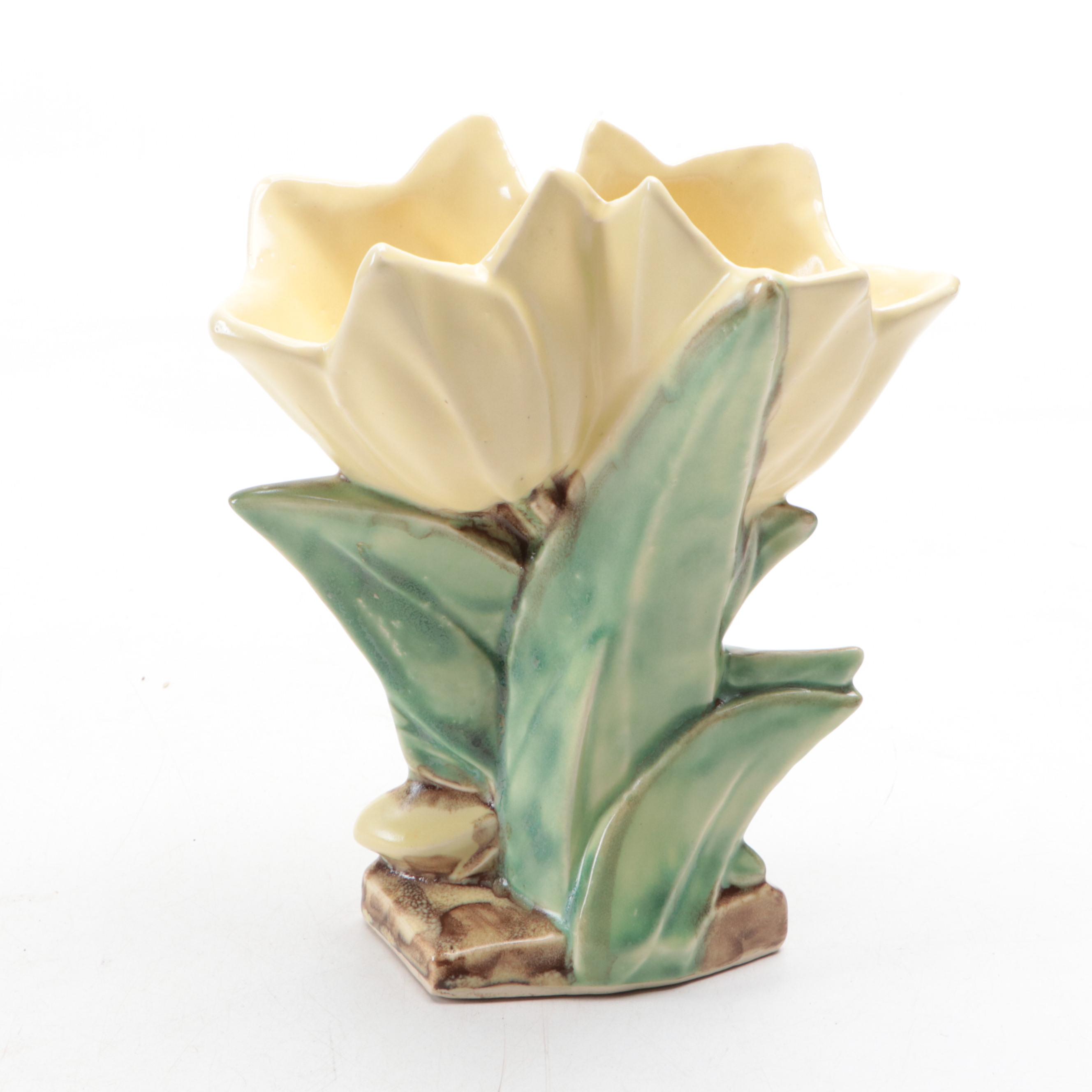 McCoy Pottery Double Tulip Vase with Roseville and Other Pink Glazed Vases