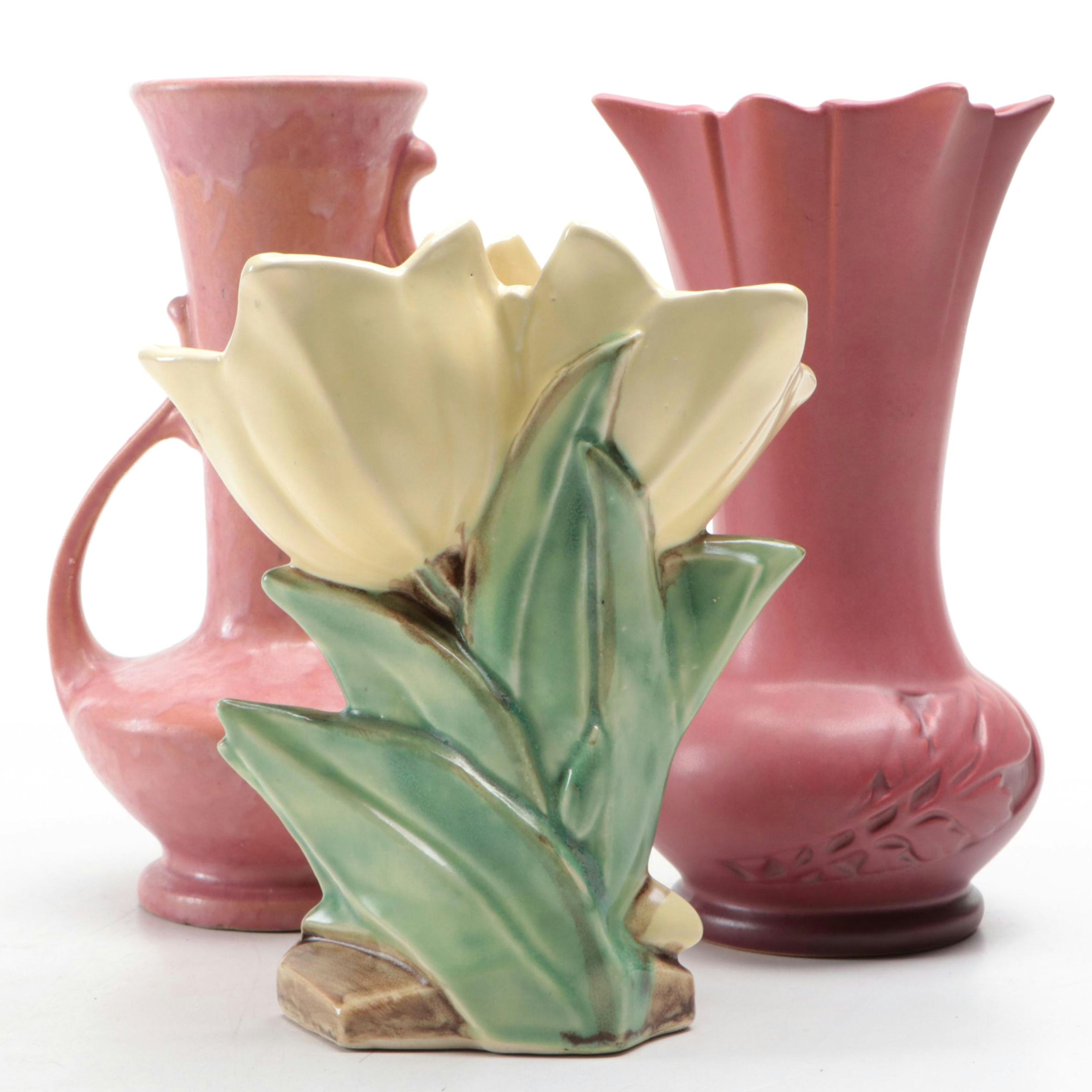 McCoy Pottery Double Tulip Vase with Roseville and Other Pink Glazed Vases