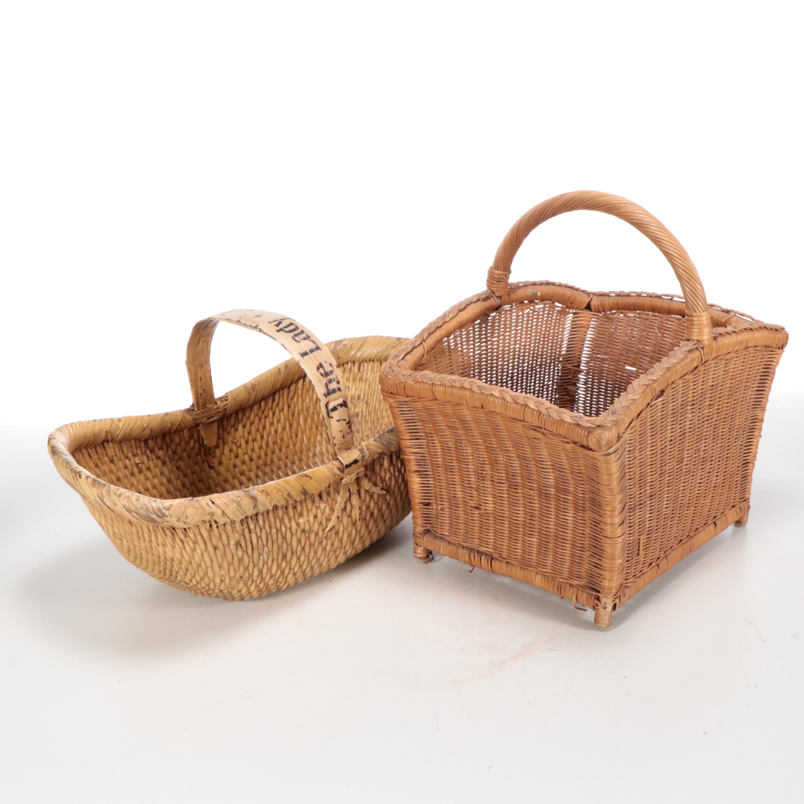 "The Lady Jane Grey" & Other Woven Wicker Basket with Hearth Brooms, Candlestick