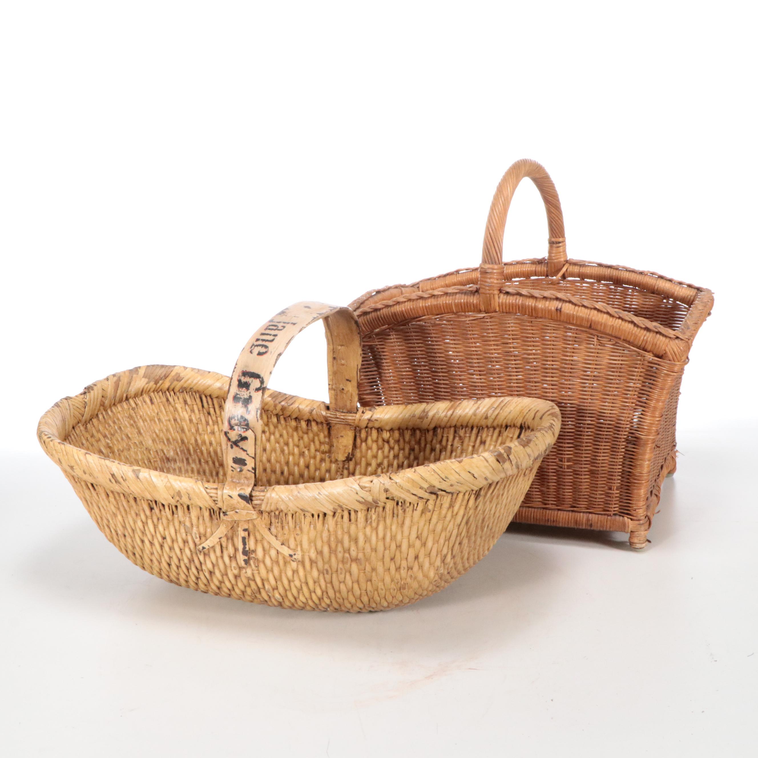 "The Lady Jane Grey" & Other Woven Wicker Basket with Hearth Brooms, Candlestick