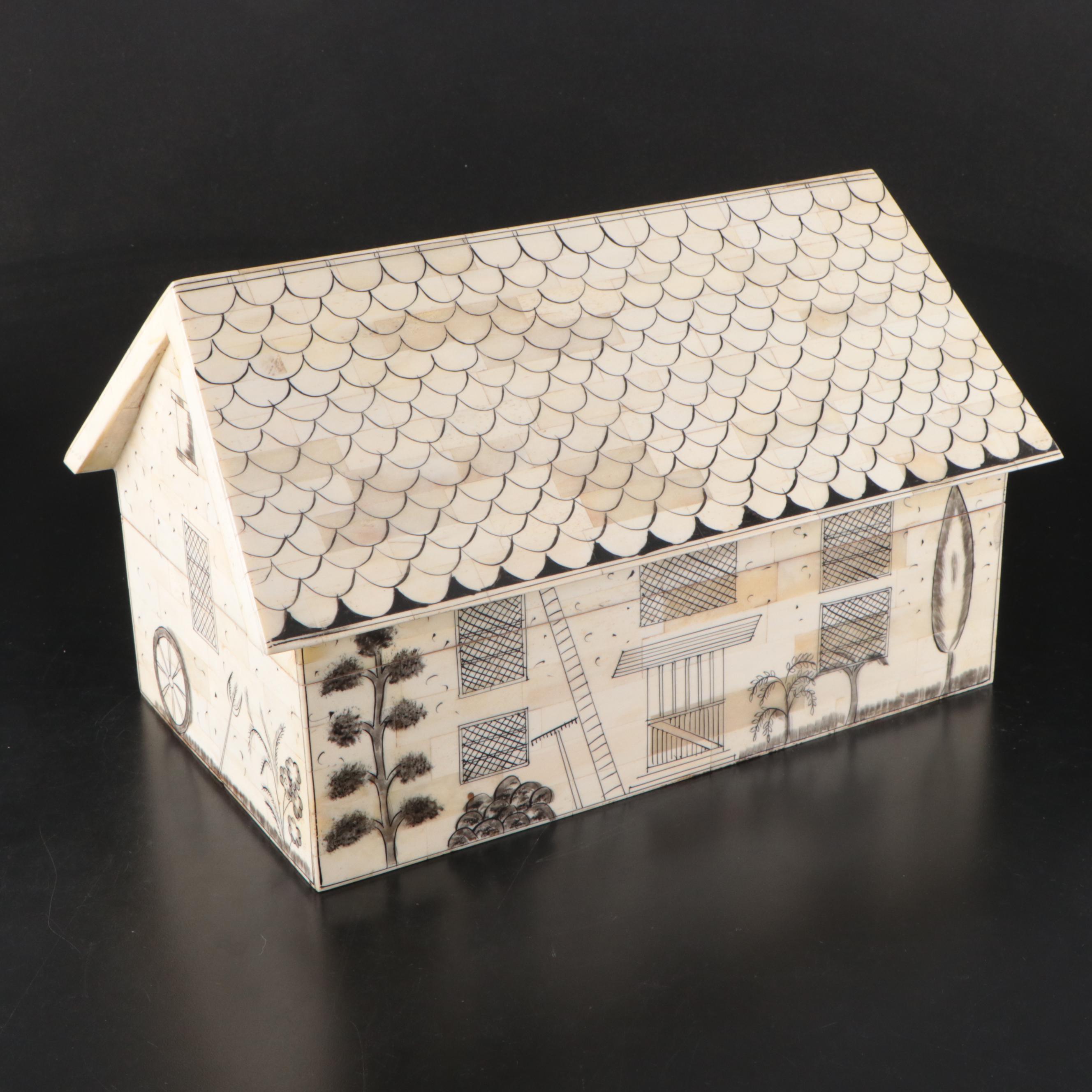 HandPainted Tessellated Bone & Wood Lined House Theme Storage Box