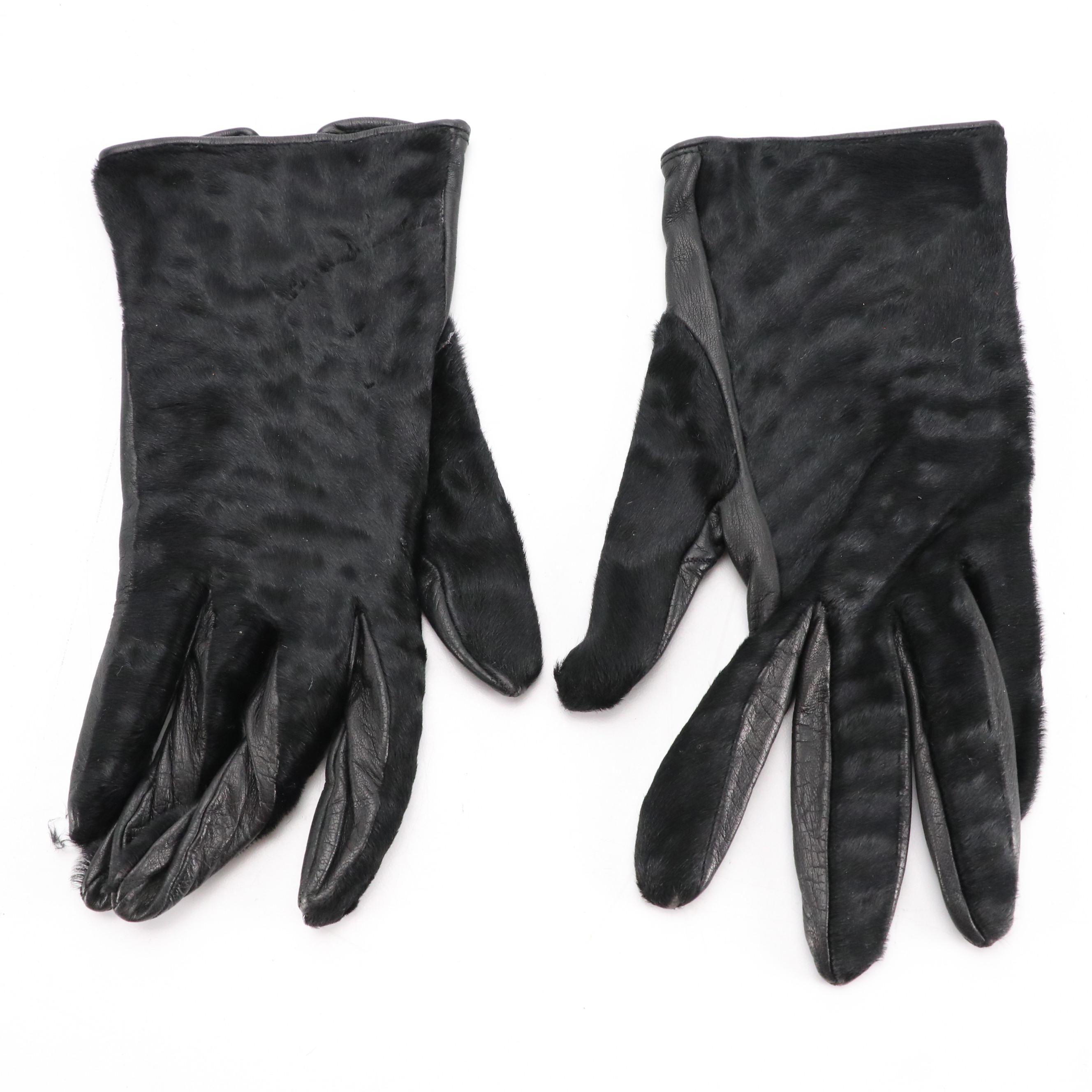 Prada Black Pony Hair and Lambskin Leather Hand Gloves with Silk Lining
