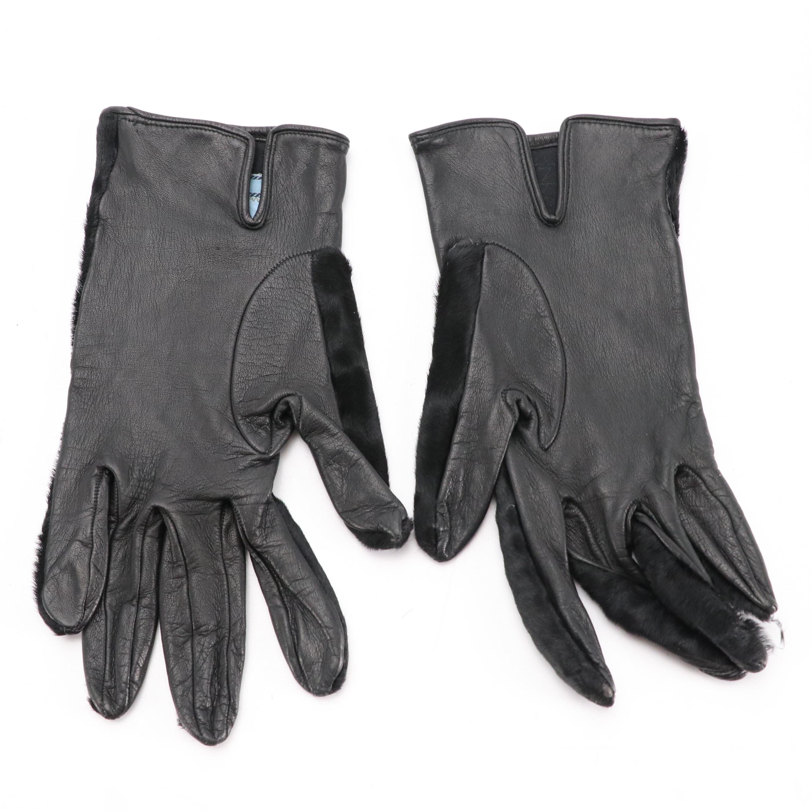 Prada Black Pony Hair and Lambskin Leather Hand Gloves with Silk Lining