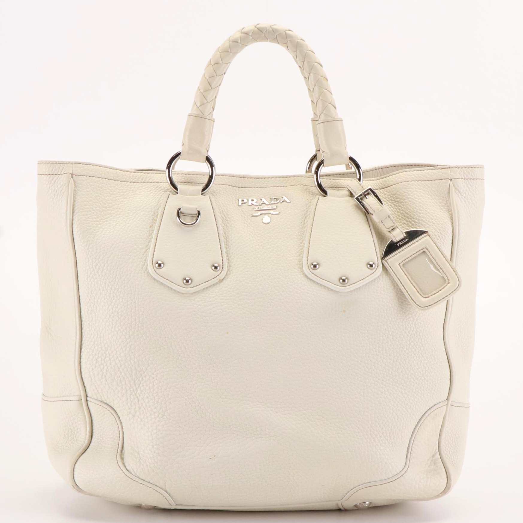 Prada Vitello Braided Top Handle Bag in White Pebbled Leather