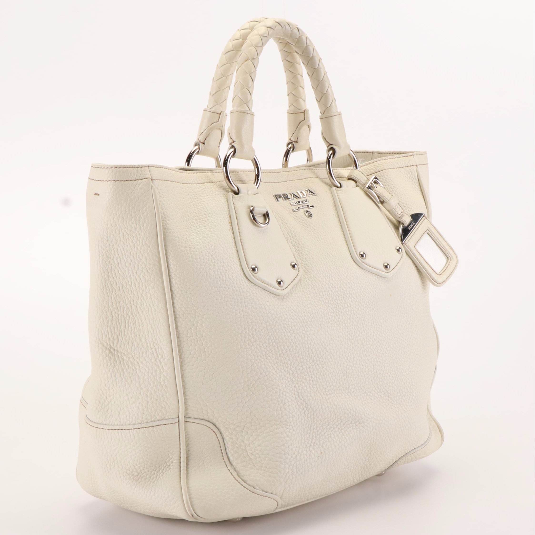 Prada Vitello Braided Top Handle Bag in White Pebbled Leather