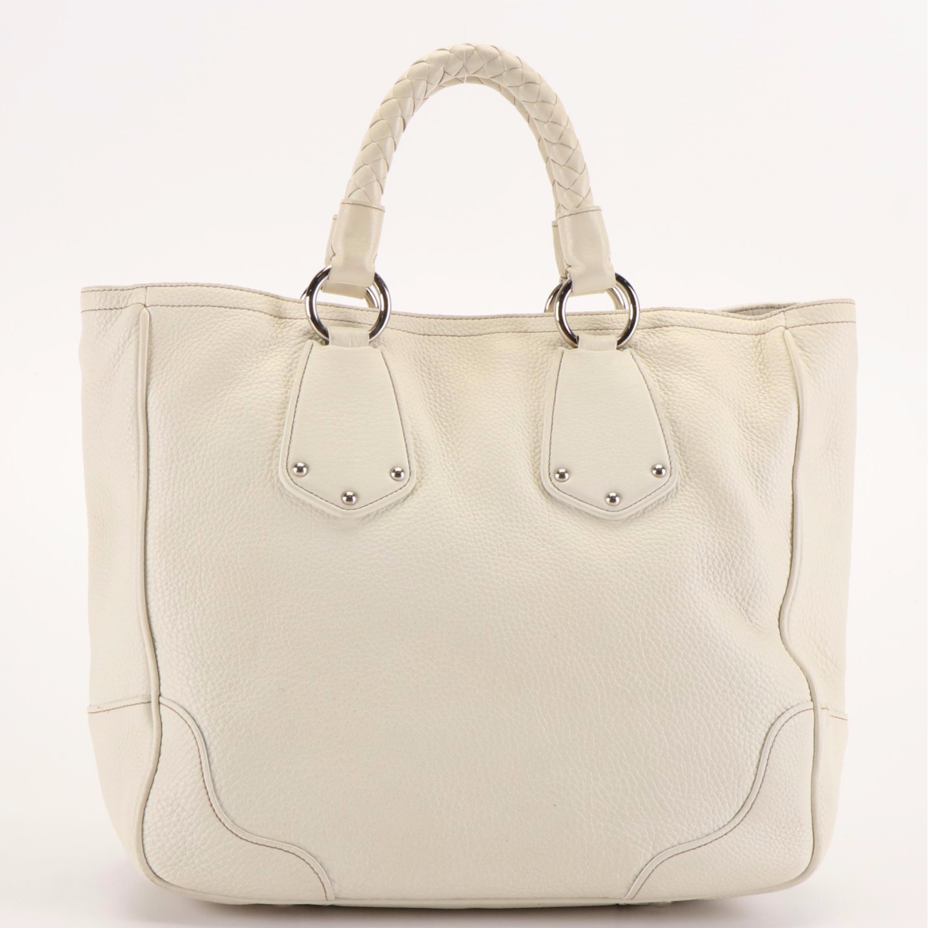 Prada Vitello Braided Top Handle Bag in White Pebbled Leather