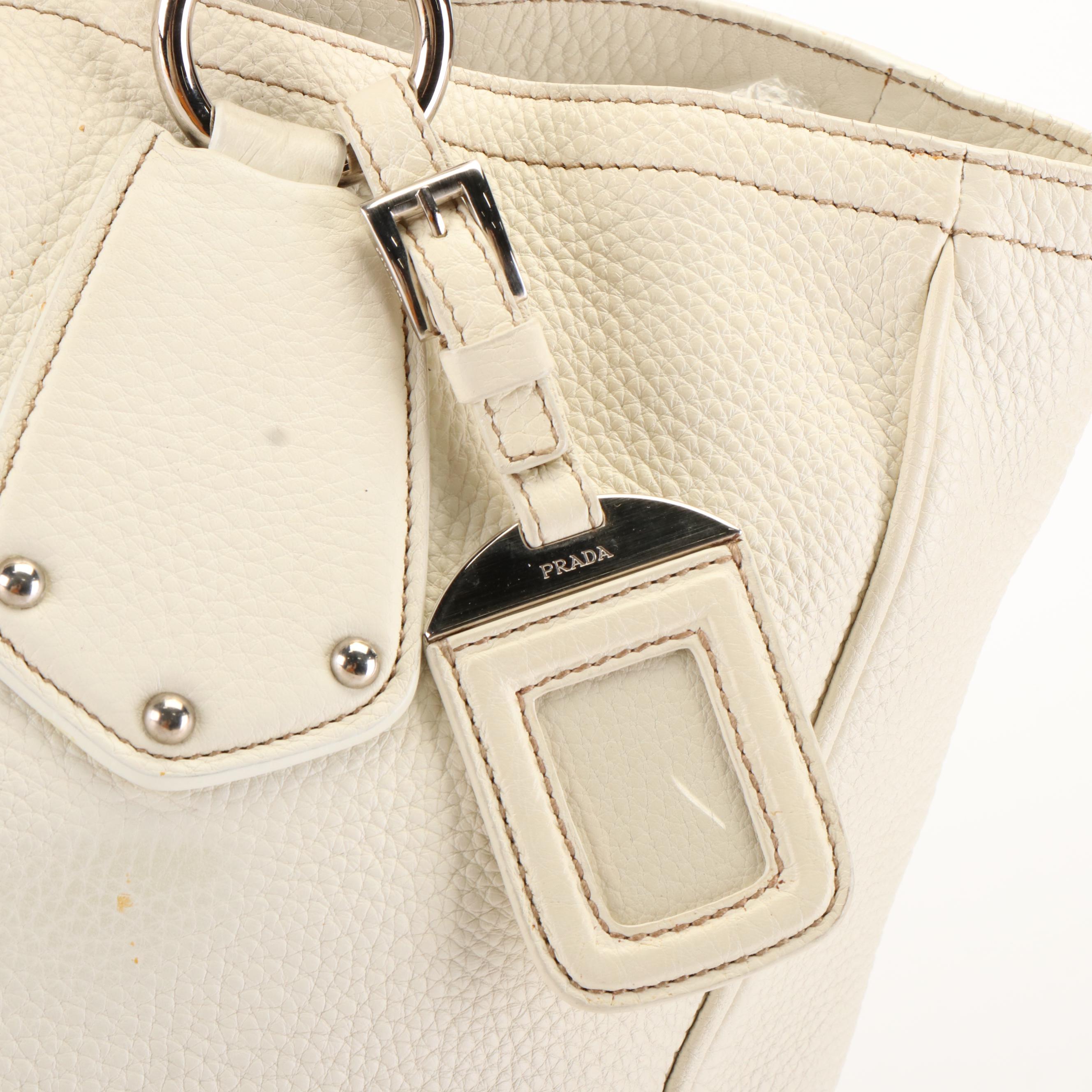 Prada Vitello Braided Top Handle Bag in White Pebbled Leather