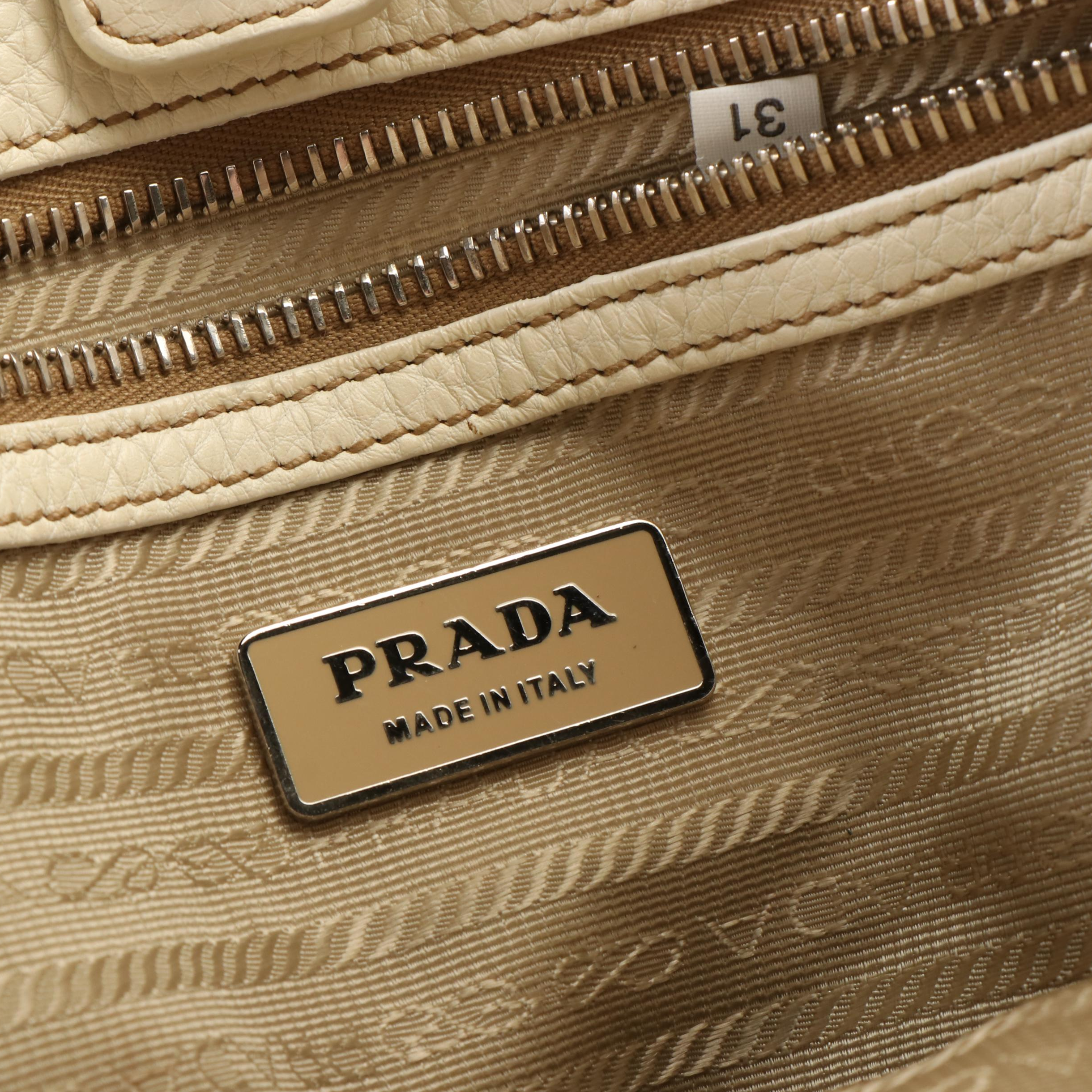 Prada Vitello Braided Top Handle Bag in White Pebbled Leather