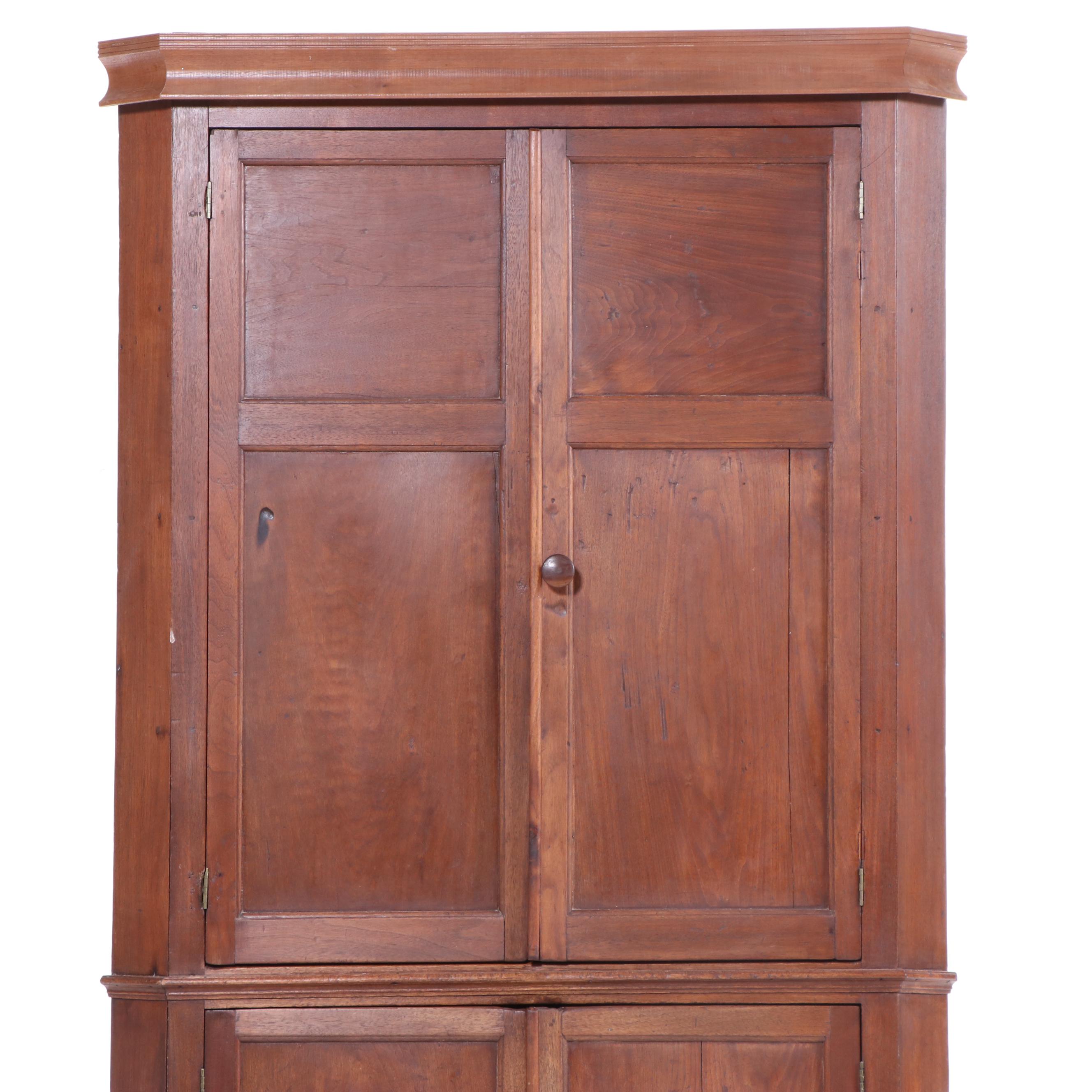 American Primitive Walnut Corner Cupboard, Early to Mid-19th Century
