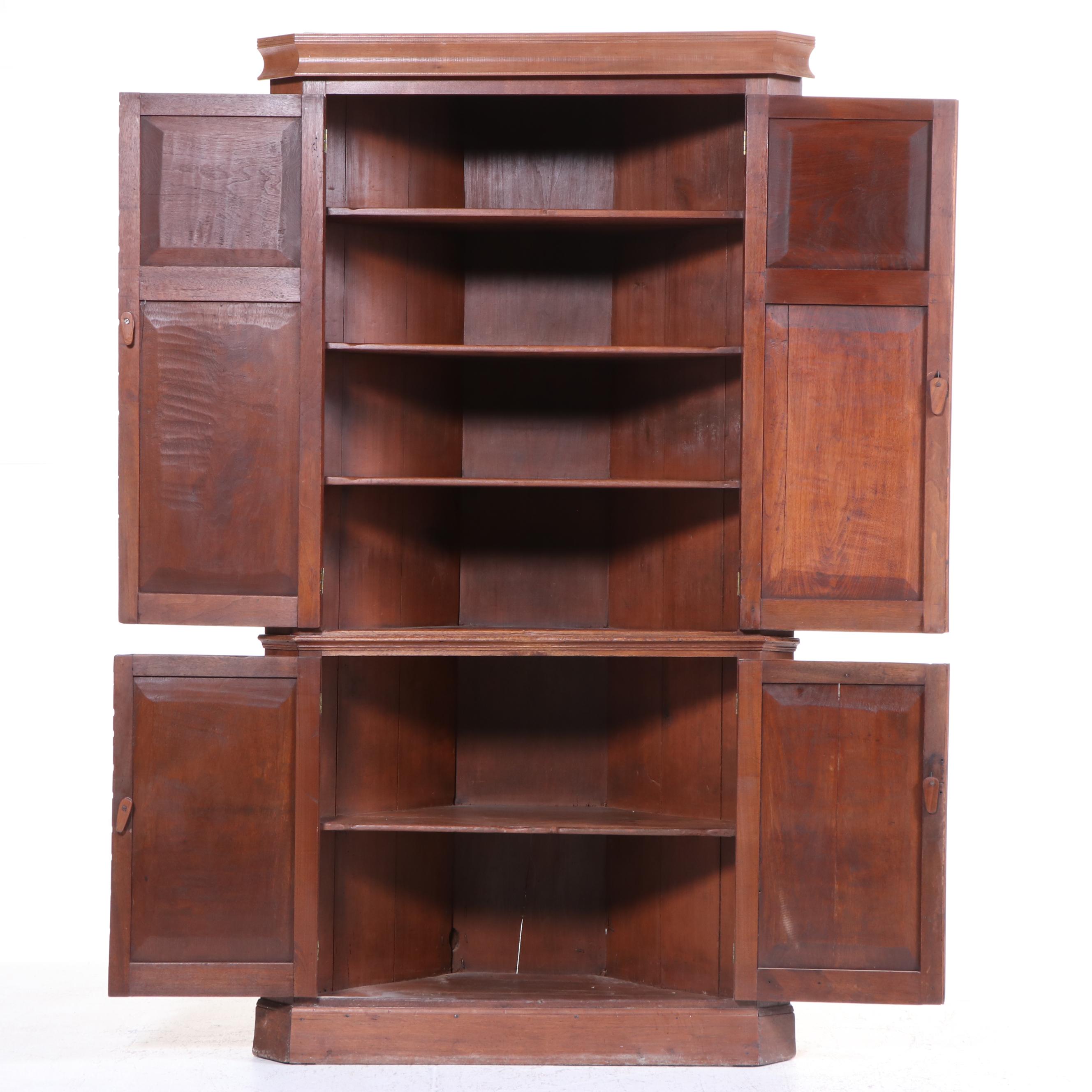 American Primitive Walnut Corner Cupboard, Early to Mid-19th Century