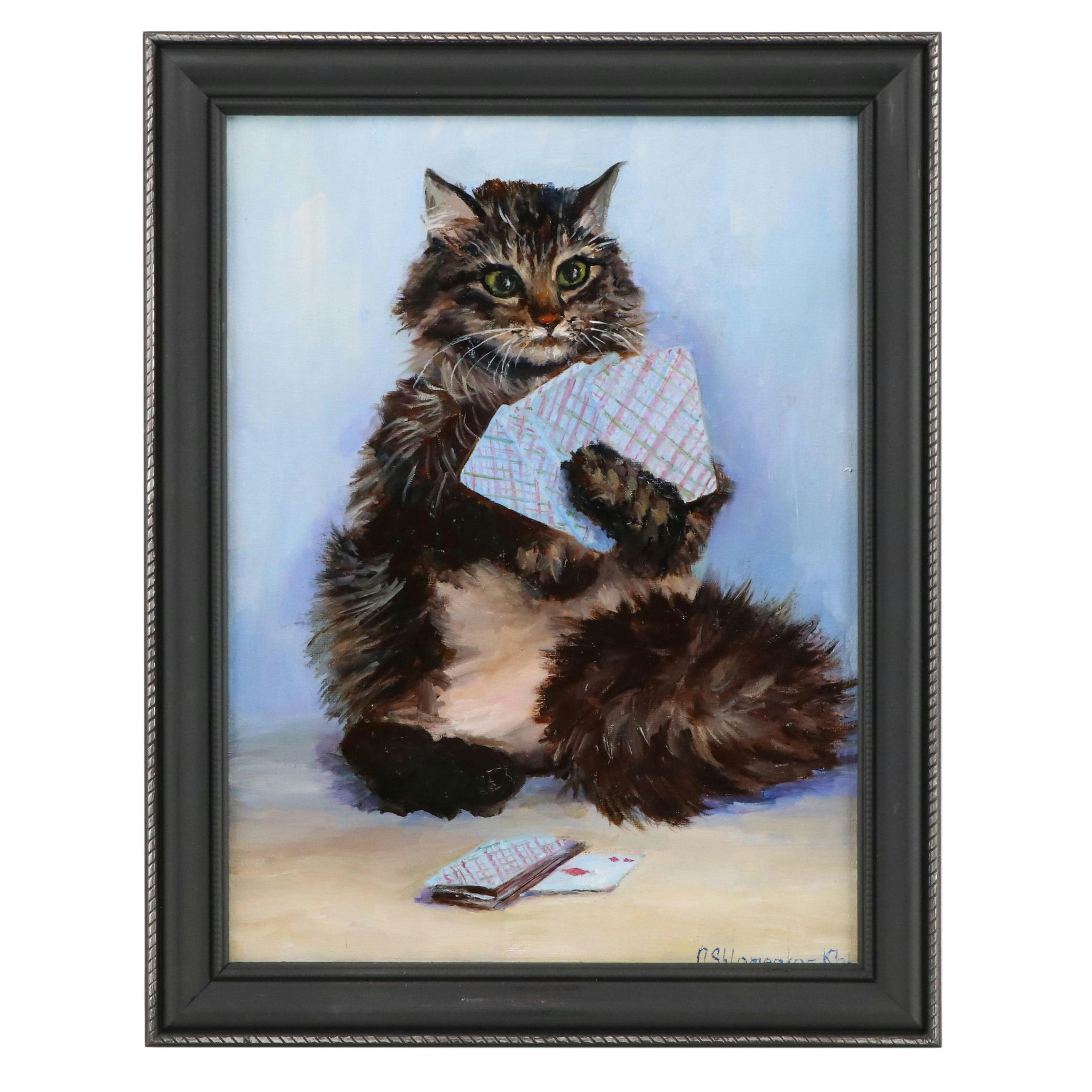 Nataliya Shlomenko Oil Painting of Cat "Gambler," 21st Century