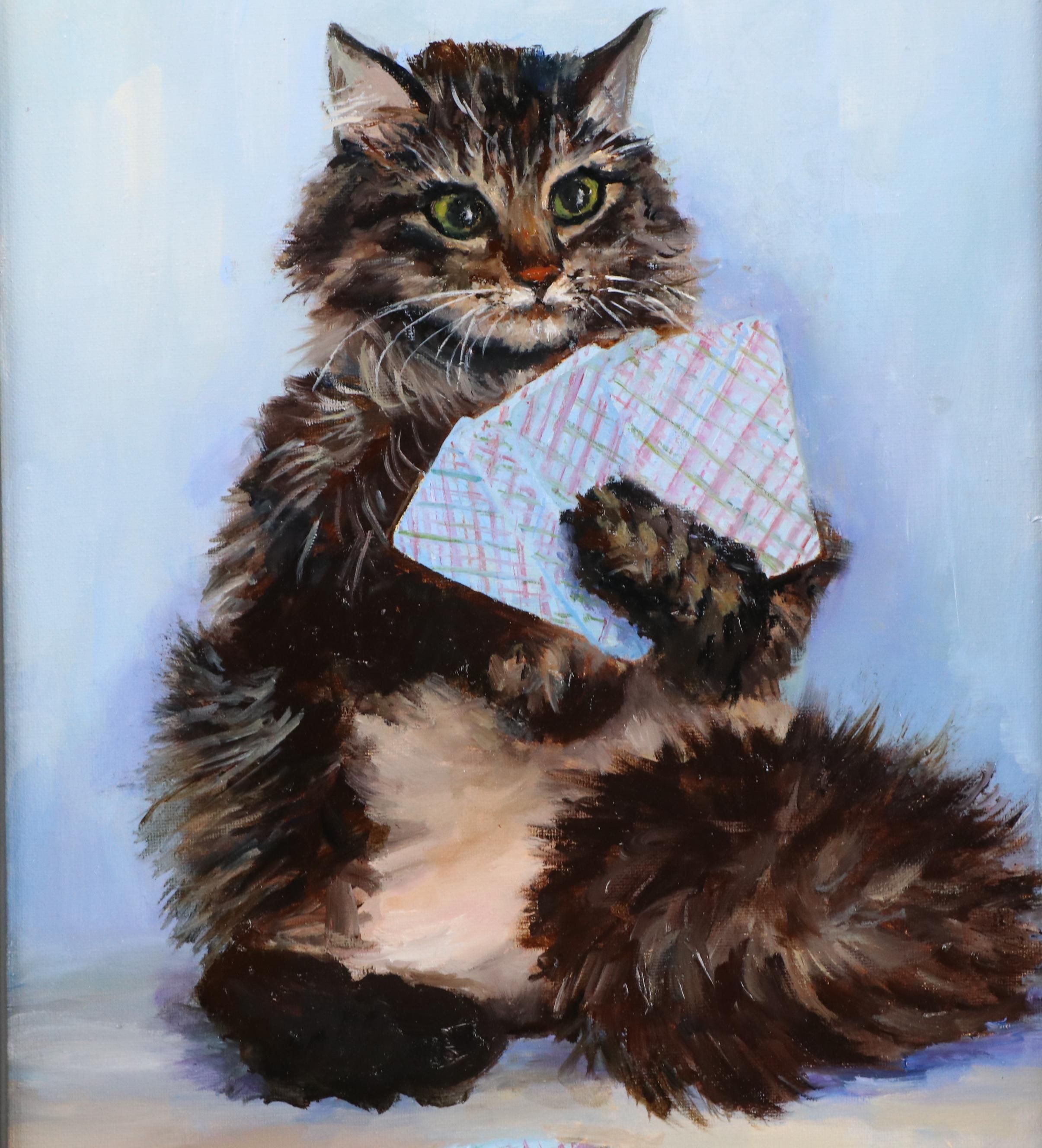 Nataliya Shlomenko Oil Painting of Cat "Gambler," 21st Century