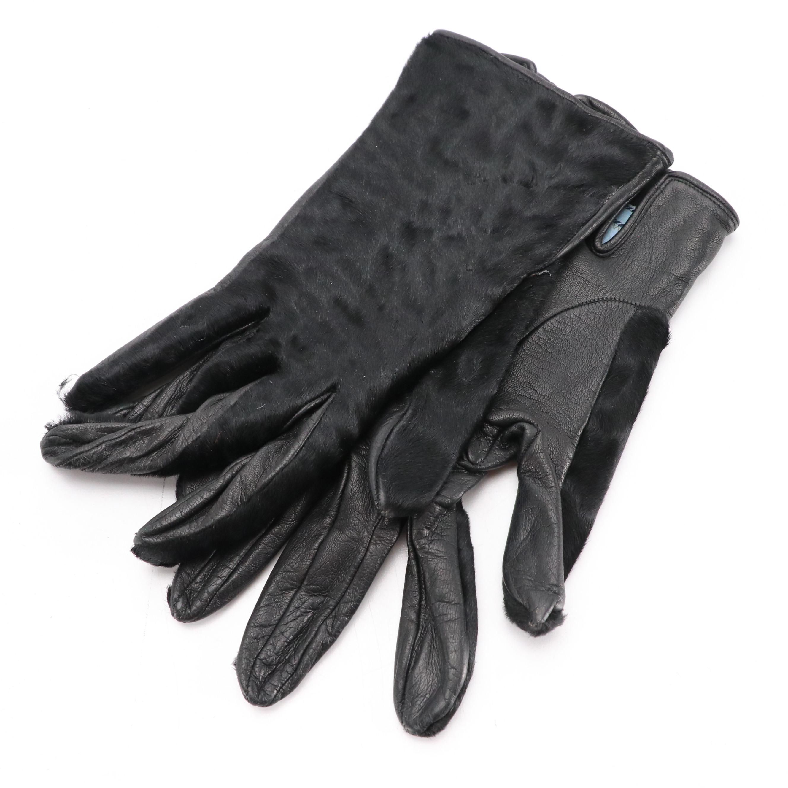 Prada Black Pony Hair and Lambskin Leather Hand Gloves with Silk Lining