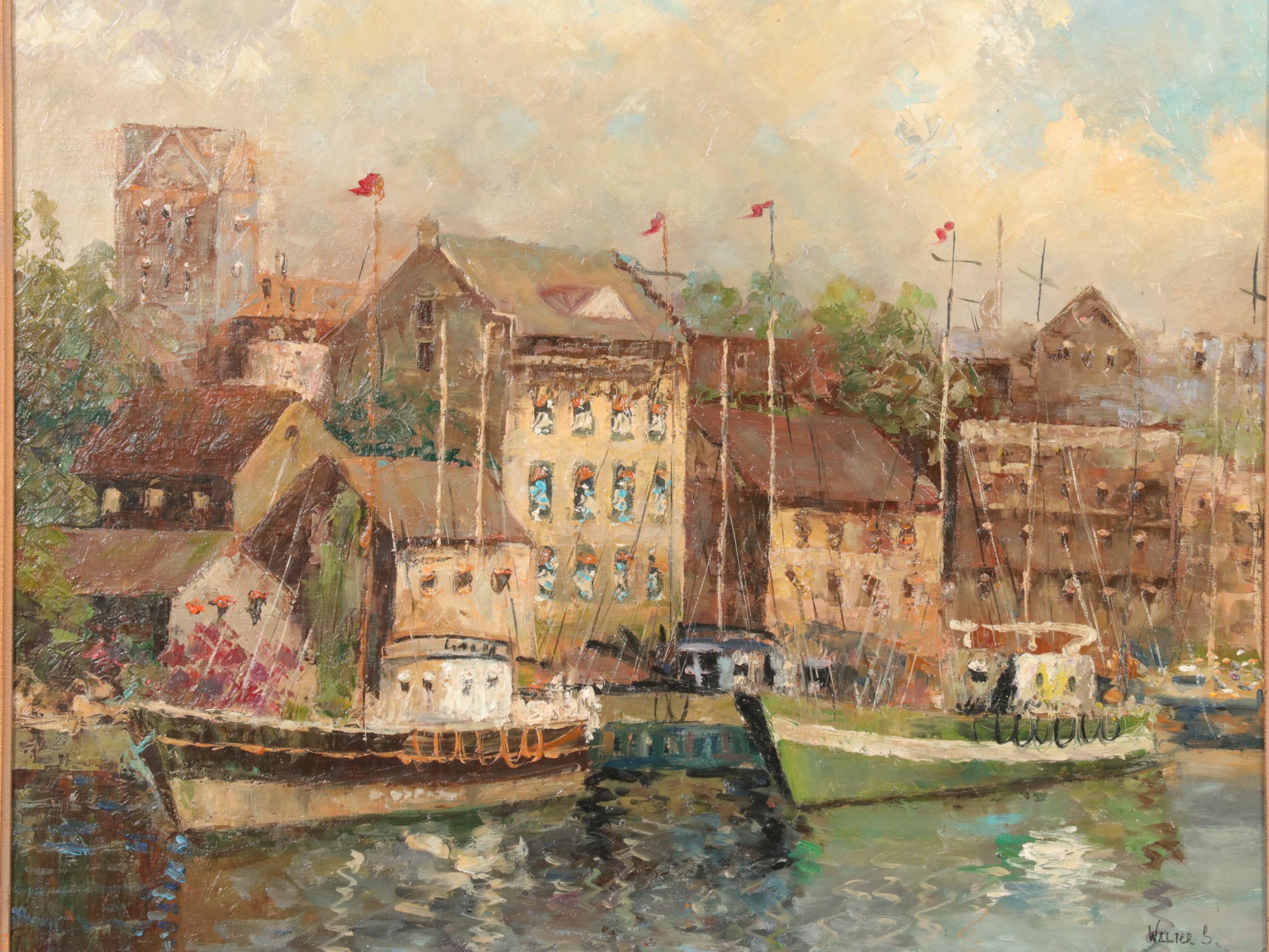 Waterfront Landscape Oil Painting Of Ships in A Harbor, 20th Century