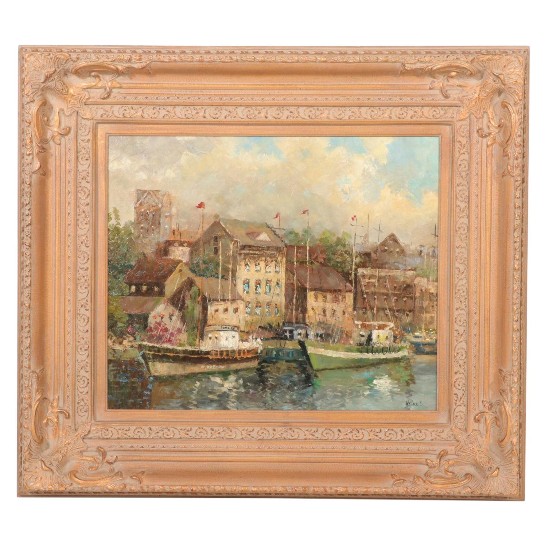 Waterfront Landscape Oil Painting Of Ships in A Harbor, 20th Century