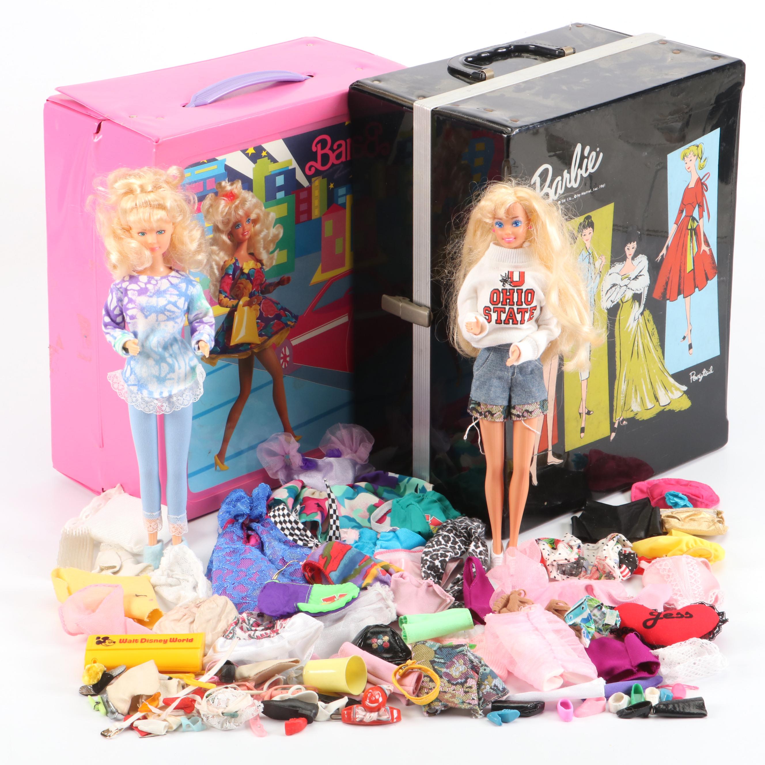 Mattel Doll Trunks with Barbie and Bandai Dolls, Clothes and Accessories, 1961
