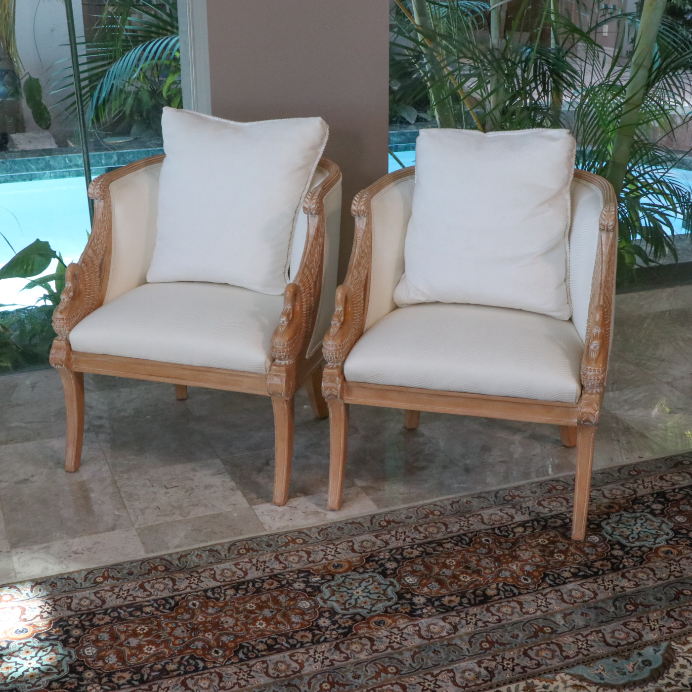Pair of Regency Style White Washed Swan-Arm Bergère Tub Chairs