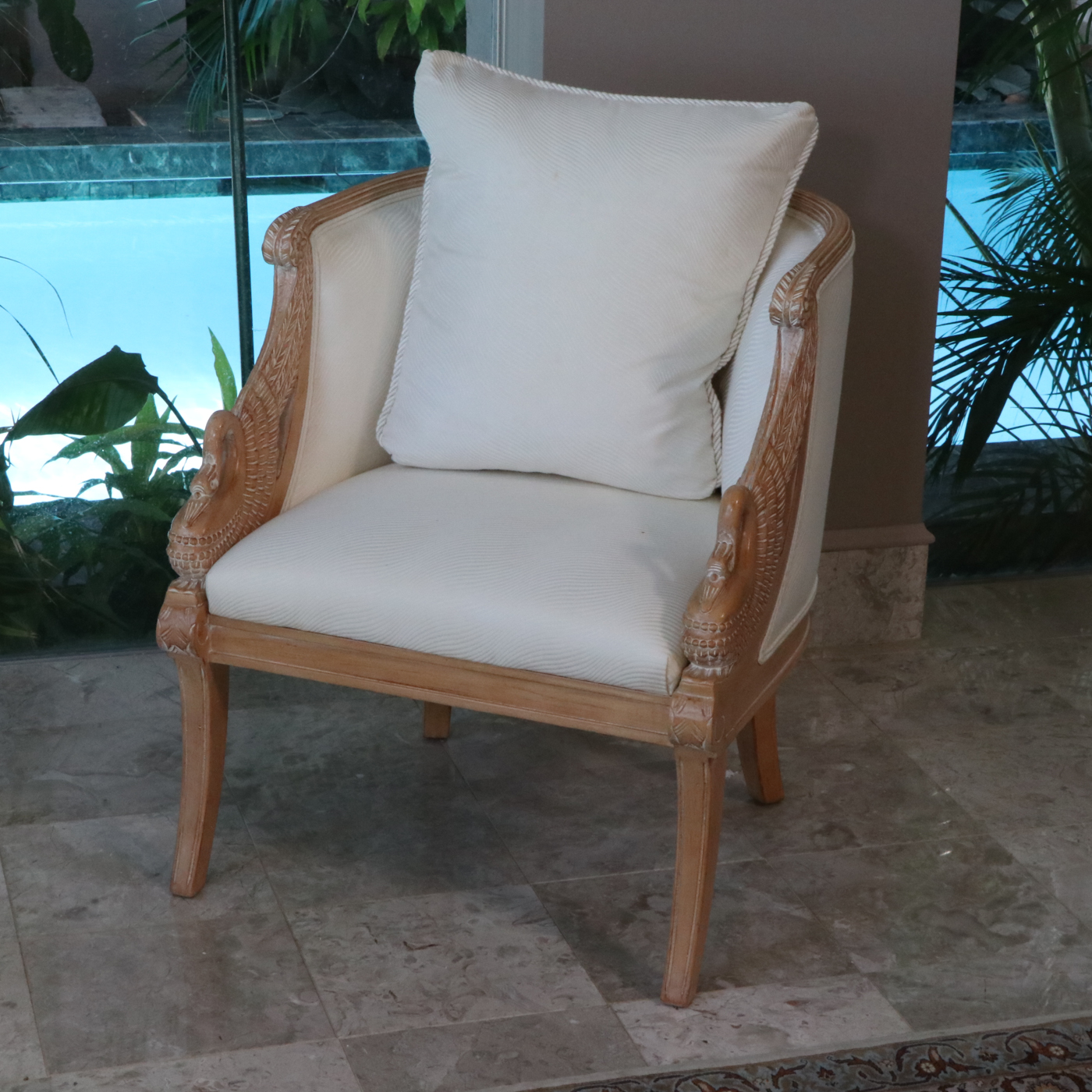 Pair of Regency Style White Washed Swan-Arm Bergère Tub Chairs