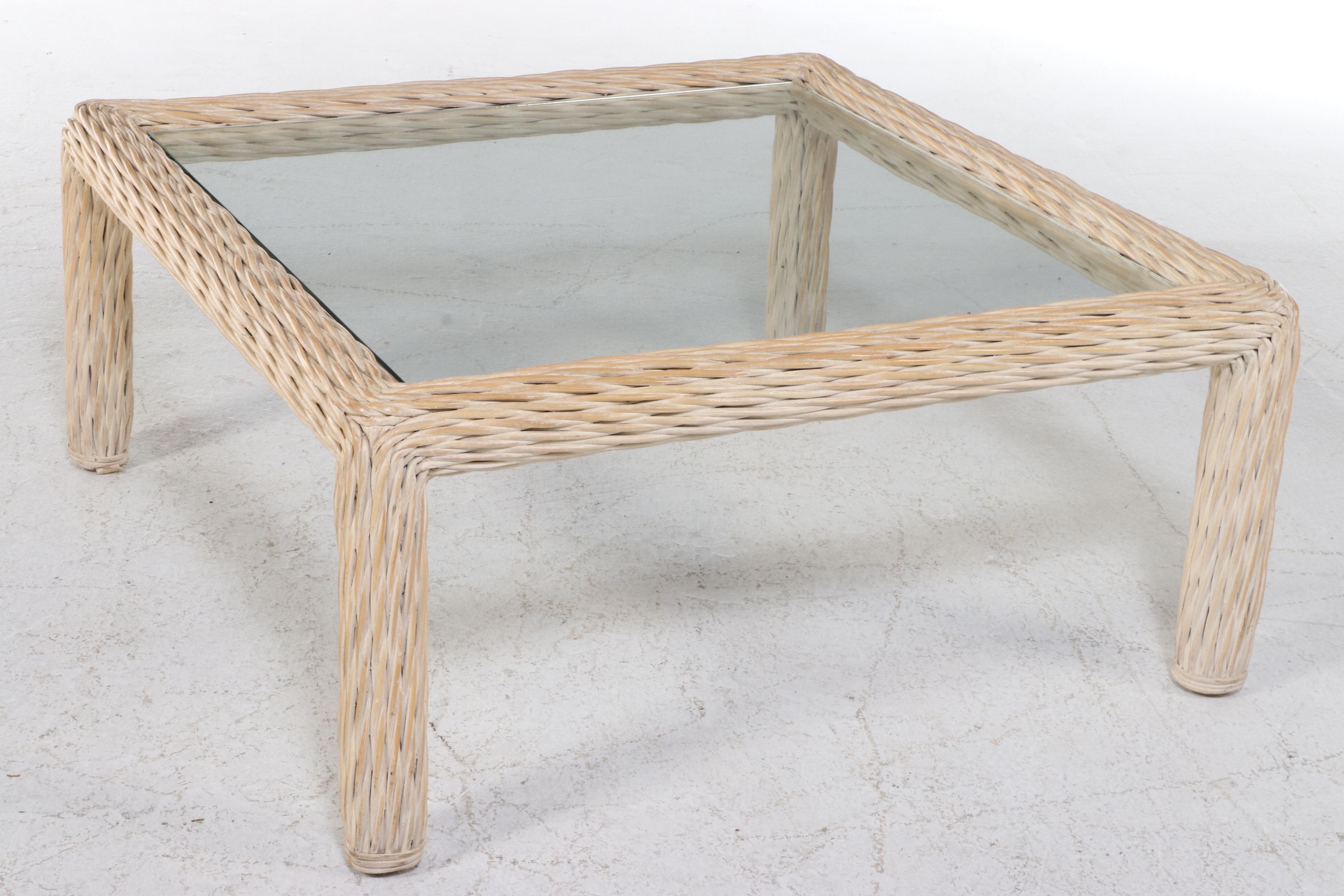 Wicker Woven Sectional Sofa with Coordinating Glass Top Coffee Table