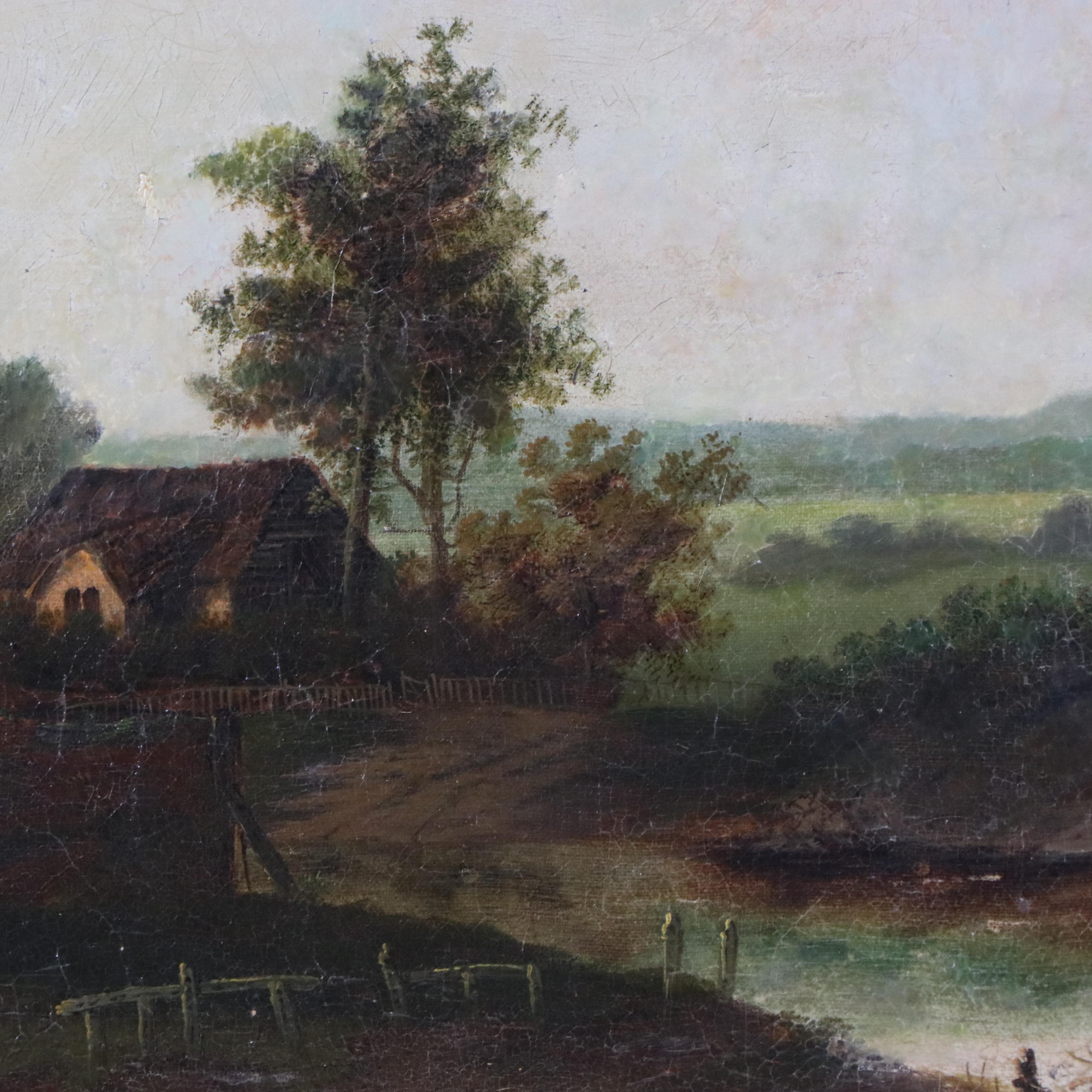 Bucolic Landscape Oil Painting of Domestic Scene, Circa 1871