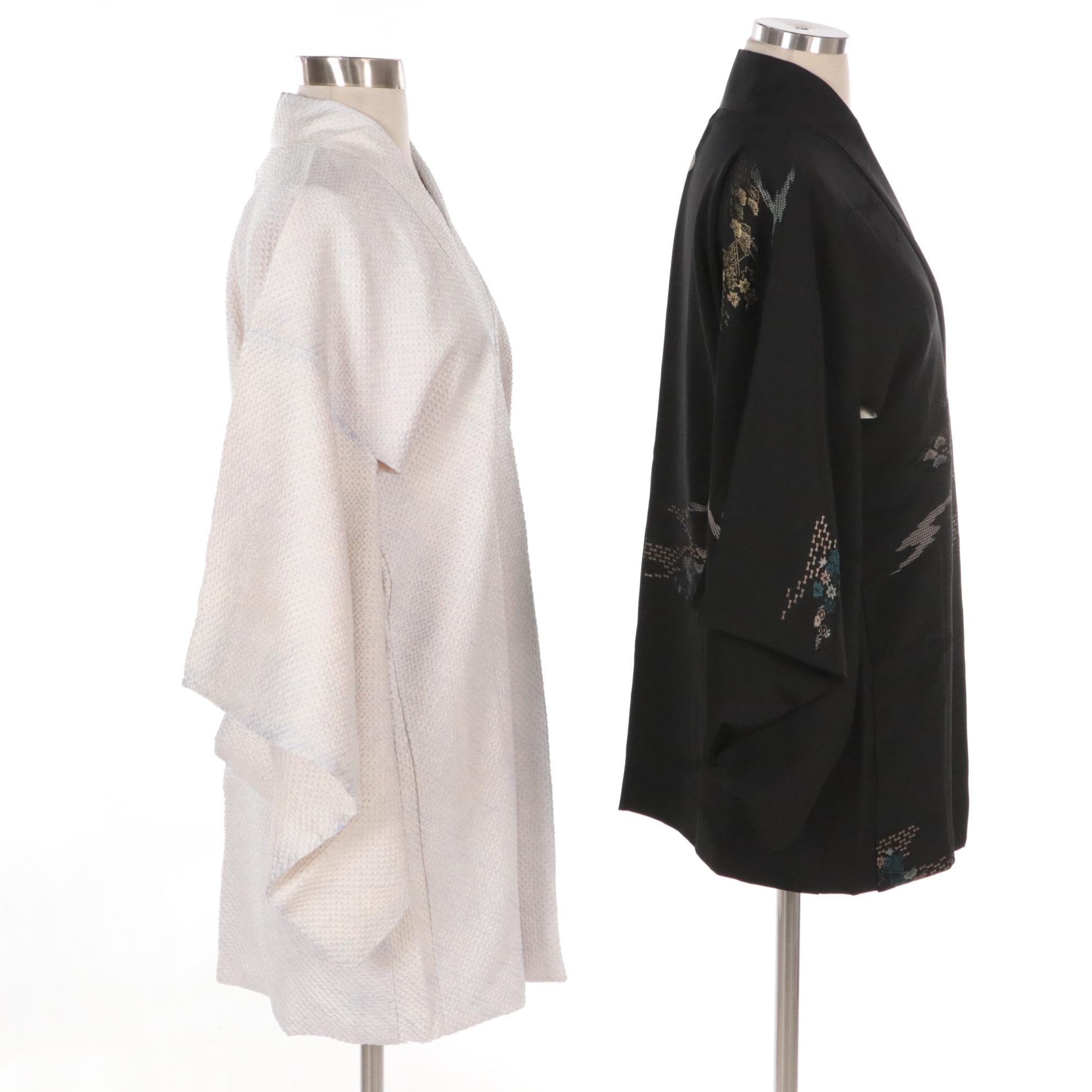 Japanese Haori Jackets in Black and White Embroidered Shibori Silk, Shōwa Period