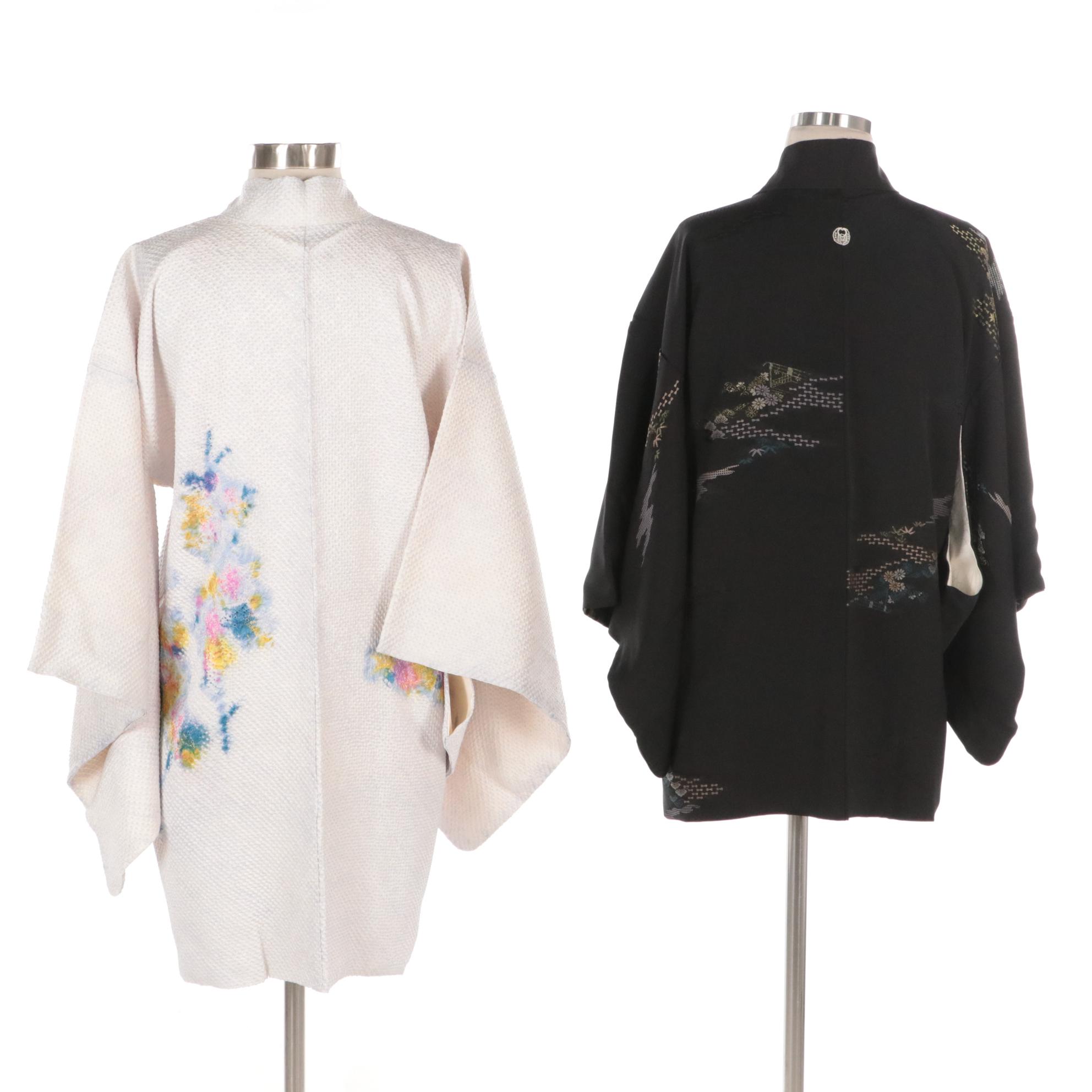 Japanese Haori Jackets in Black and White Embroidered Shibori Silk, Shōwa Period