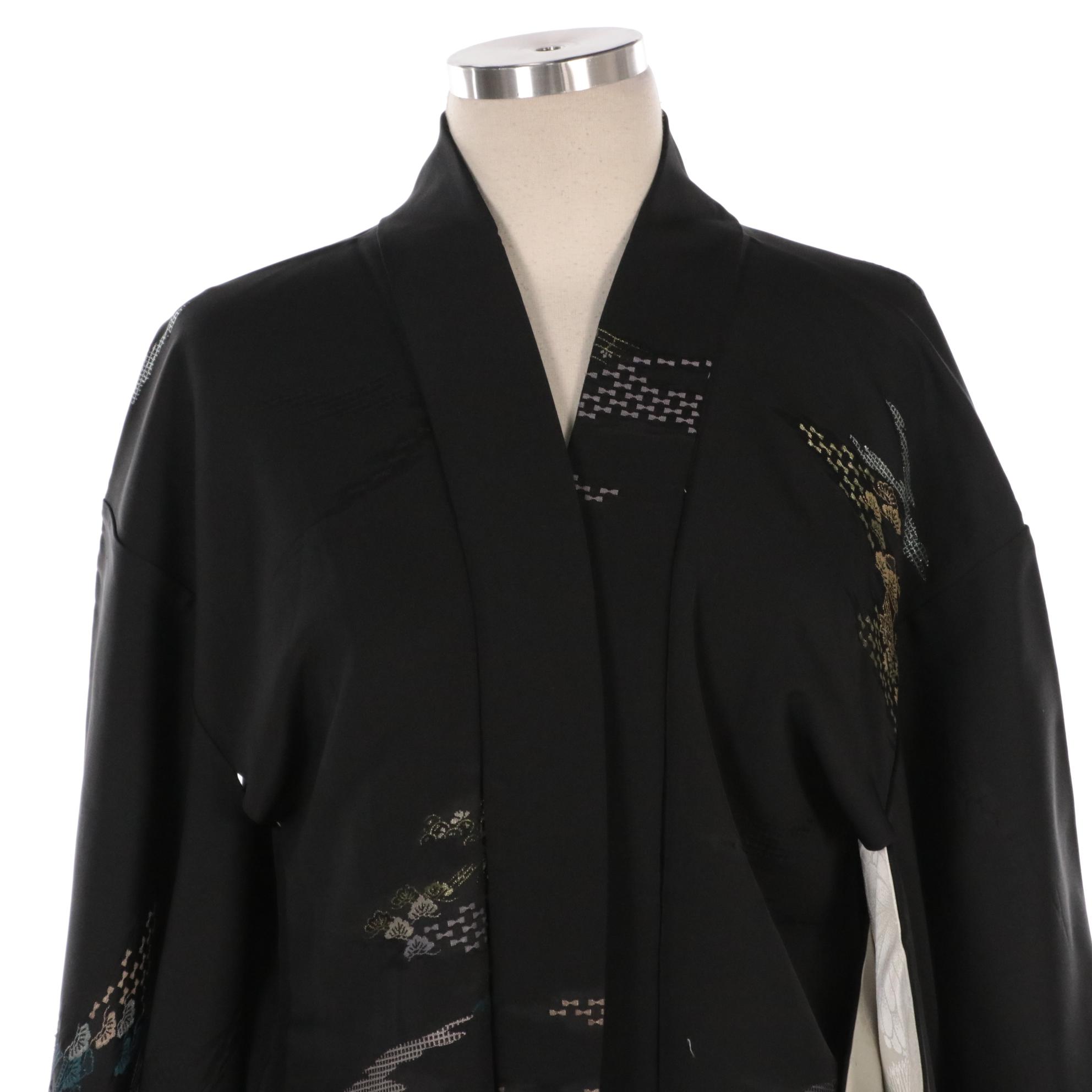 Japanese Haori Jackets in Black and White Embroidered Shibori Silk, Shōwa Period