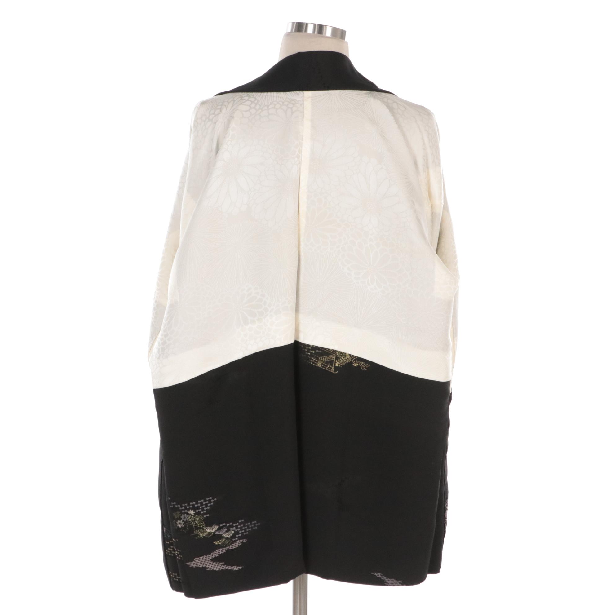 Japanese Haori Jackets in Black and White Embroidered Shibori Silk, Shōwa Period
