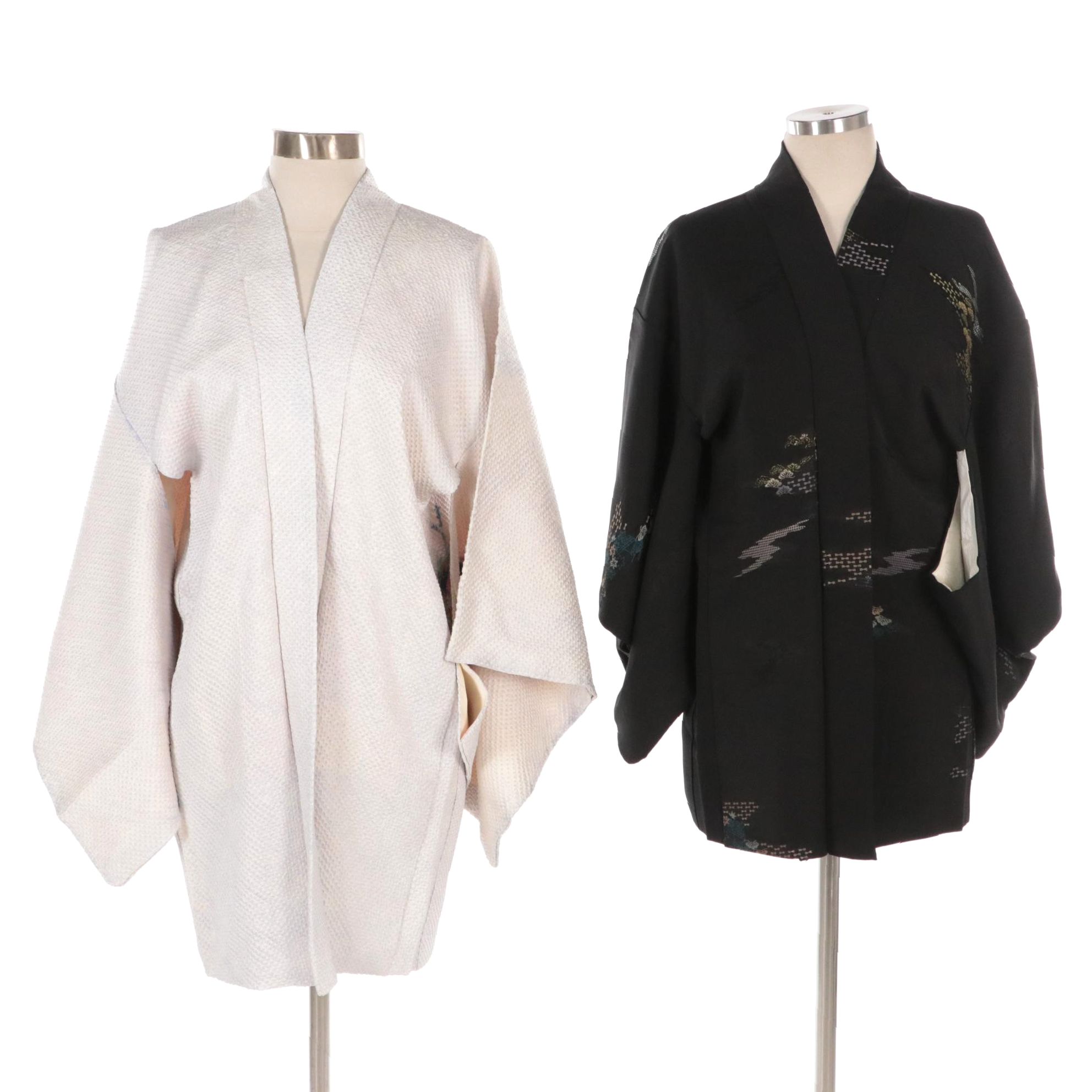 Japanese Haori Jackets in Black and White Embroidered Shibori Silk, Shōwa Period