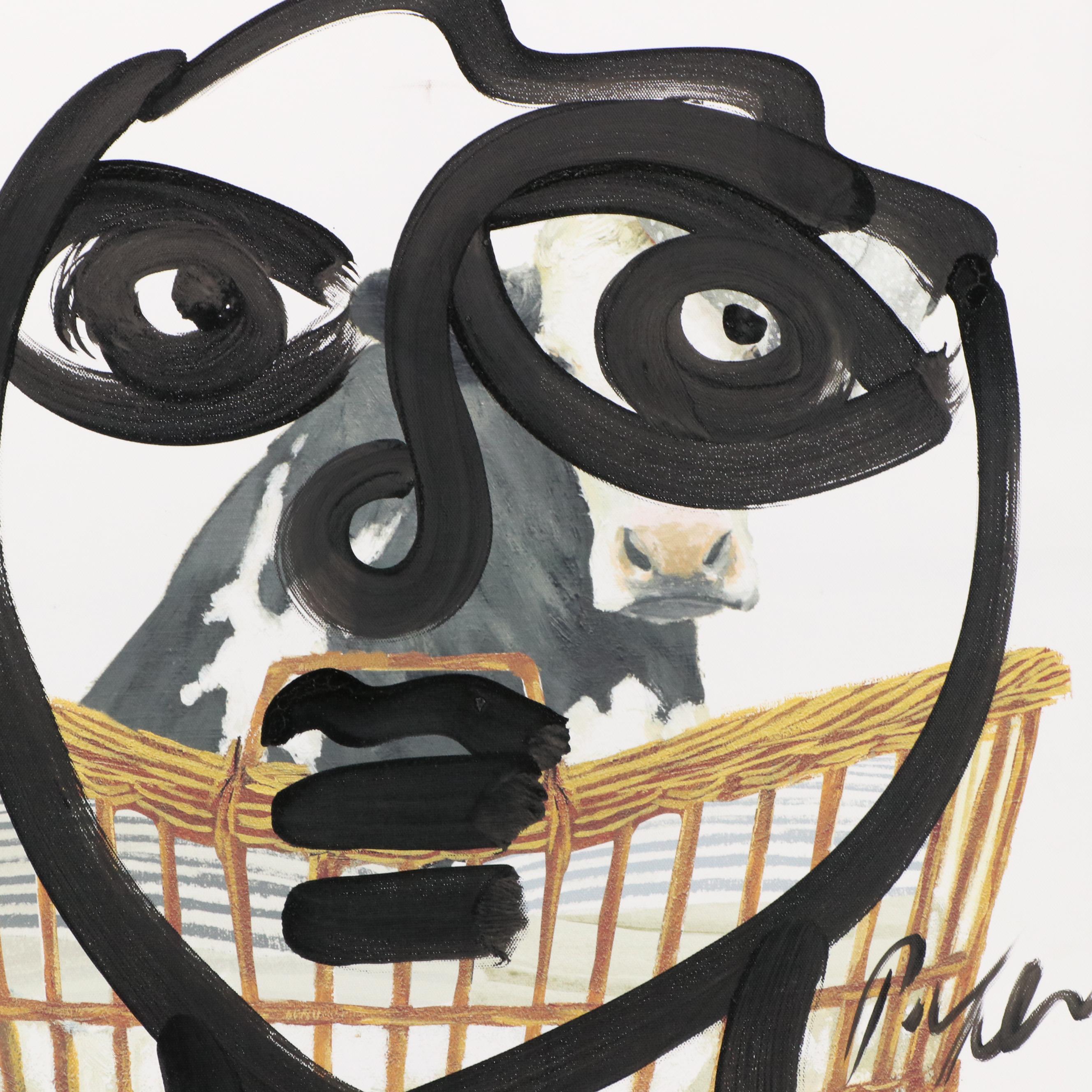 Peter Keil Abstract Acrylic Portrait Over Giclée of Cow in Basket