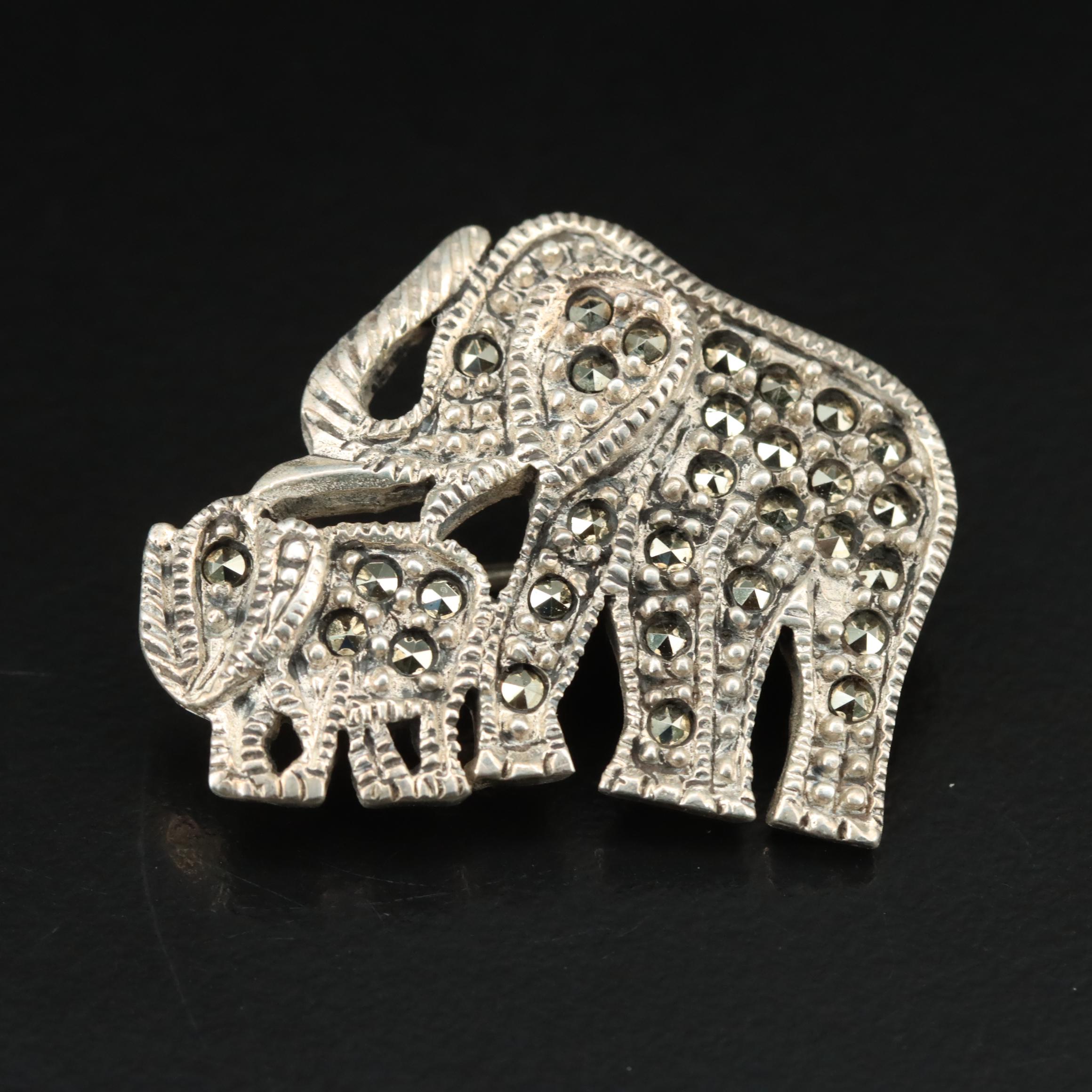 Sterling Elephant Marcasite Elephant Mom and Baby Pin