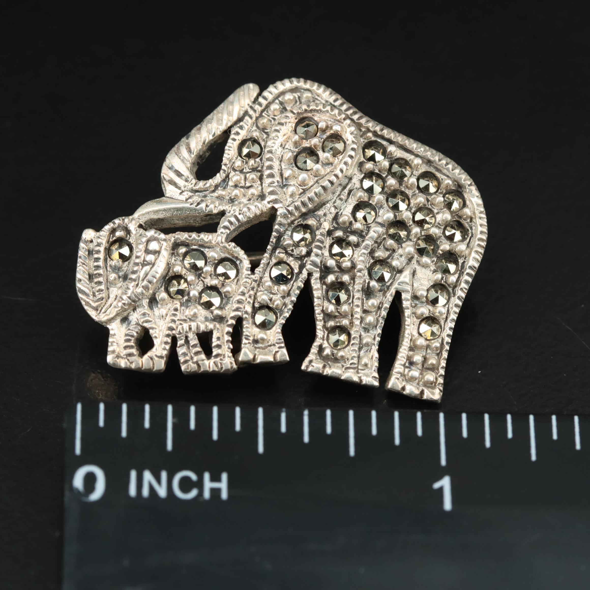 Sterling Elephant Marcasite Elephant Mom and Baby Pin