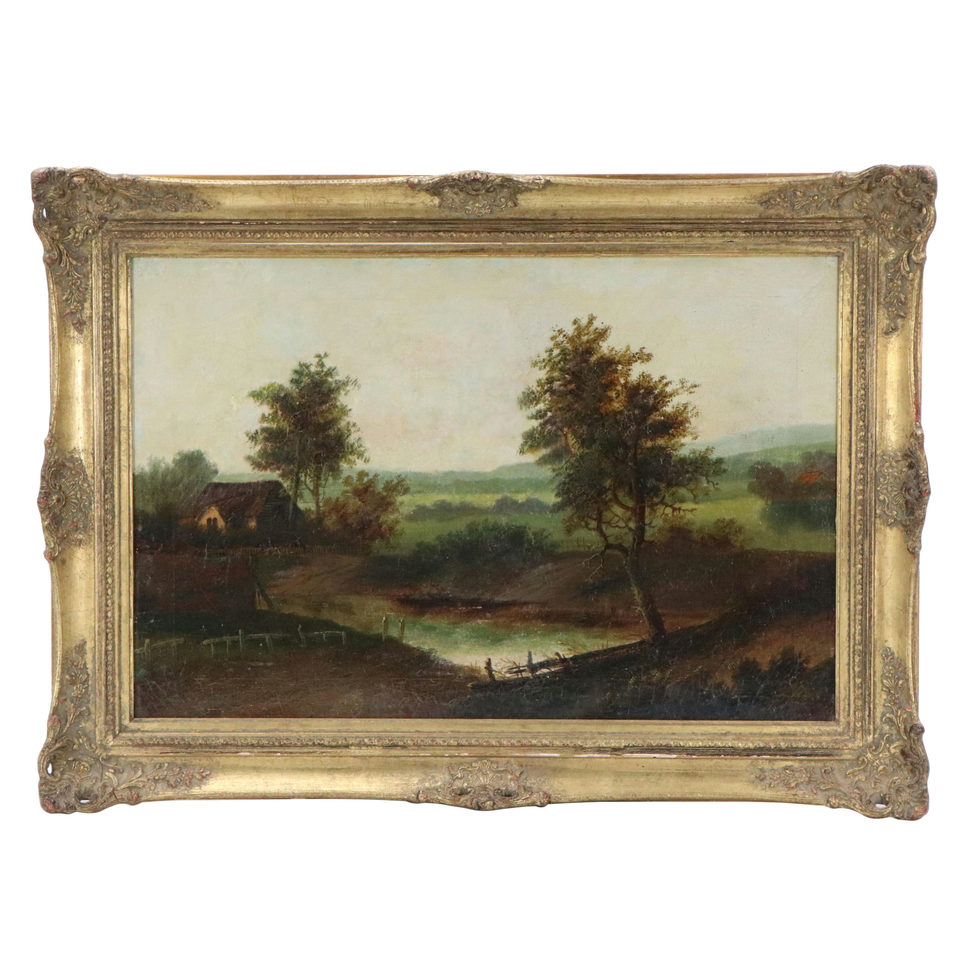 Bucolic Landscape Oil Painting of Domestic Scene, Circa 1871