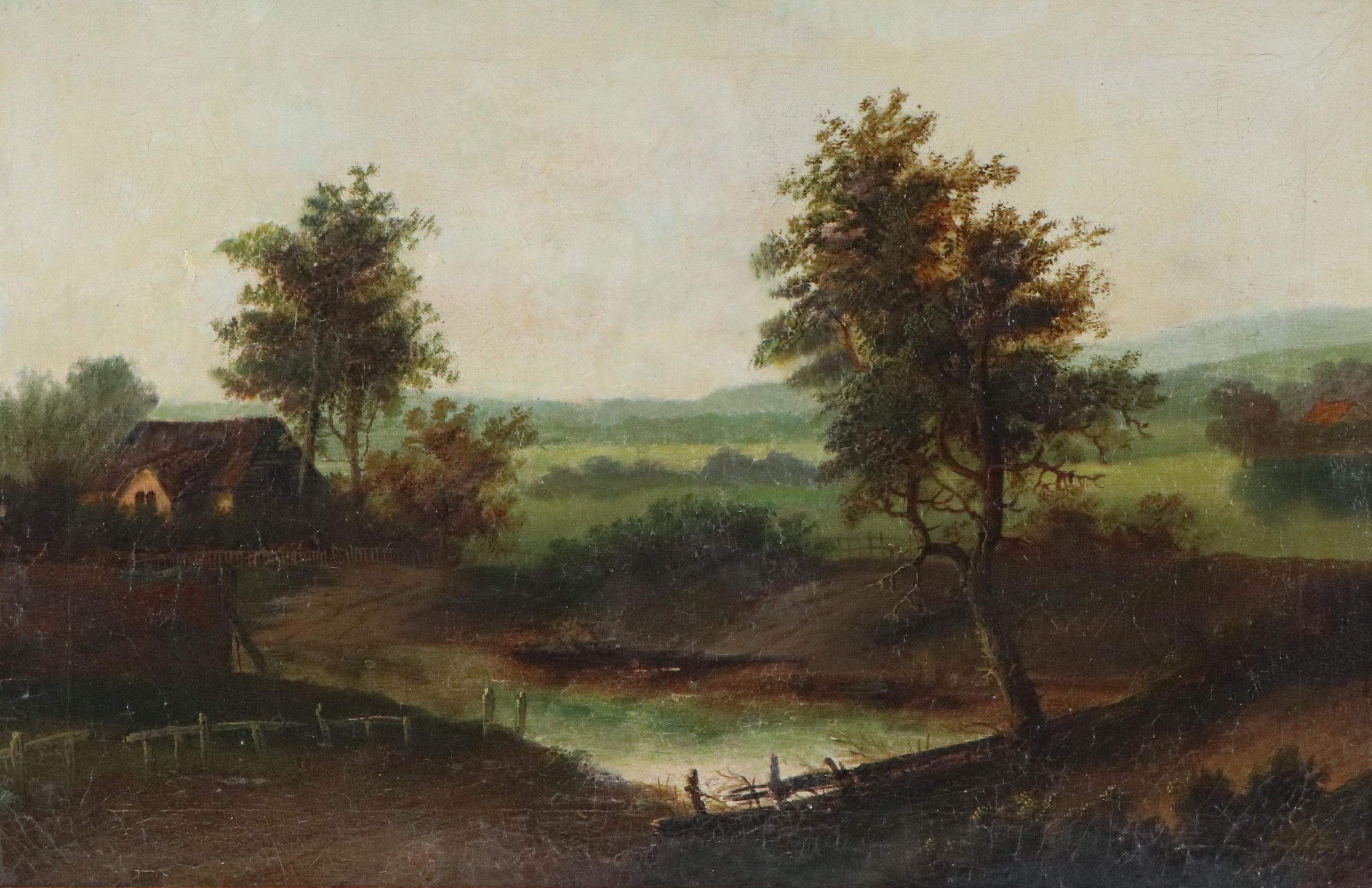 Bucolic Landscape Oil Painting of Domestic Scene, Circa 1871