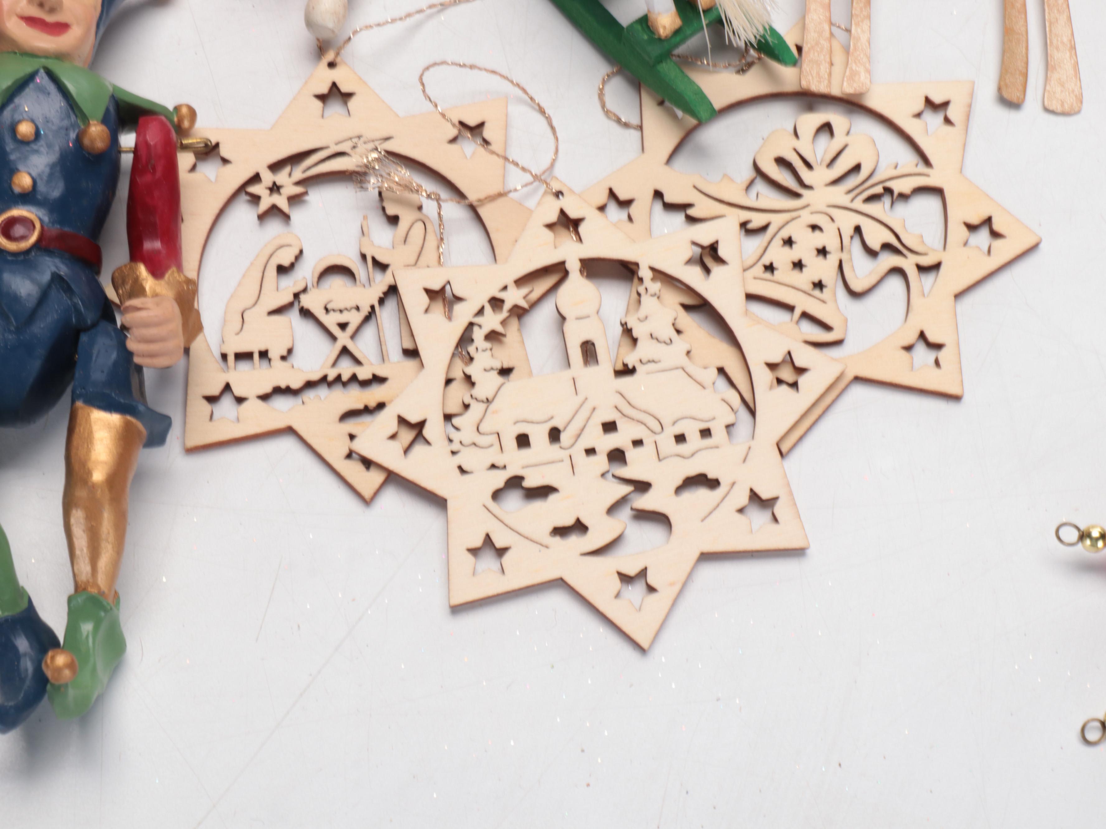 Hand-Painted Glass, Carved Wood and Acrylic Orbs and Figural Tree Ornaments