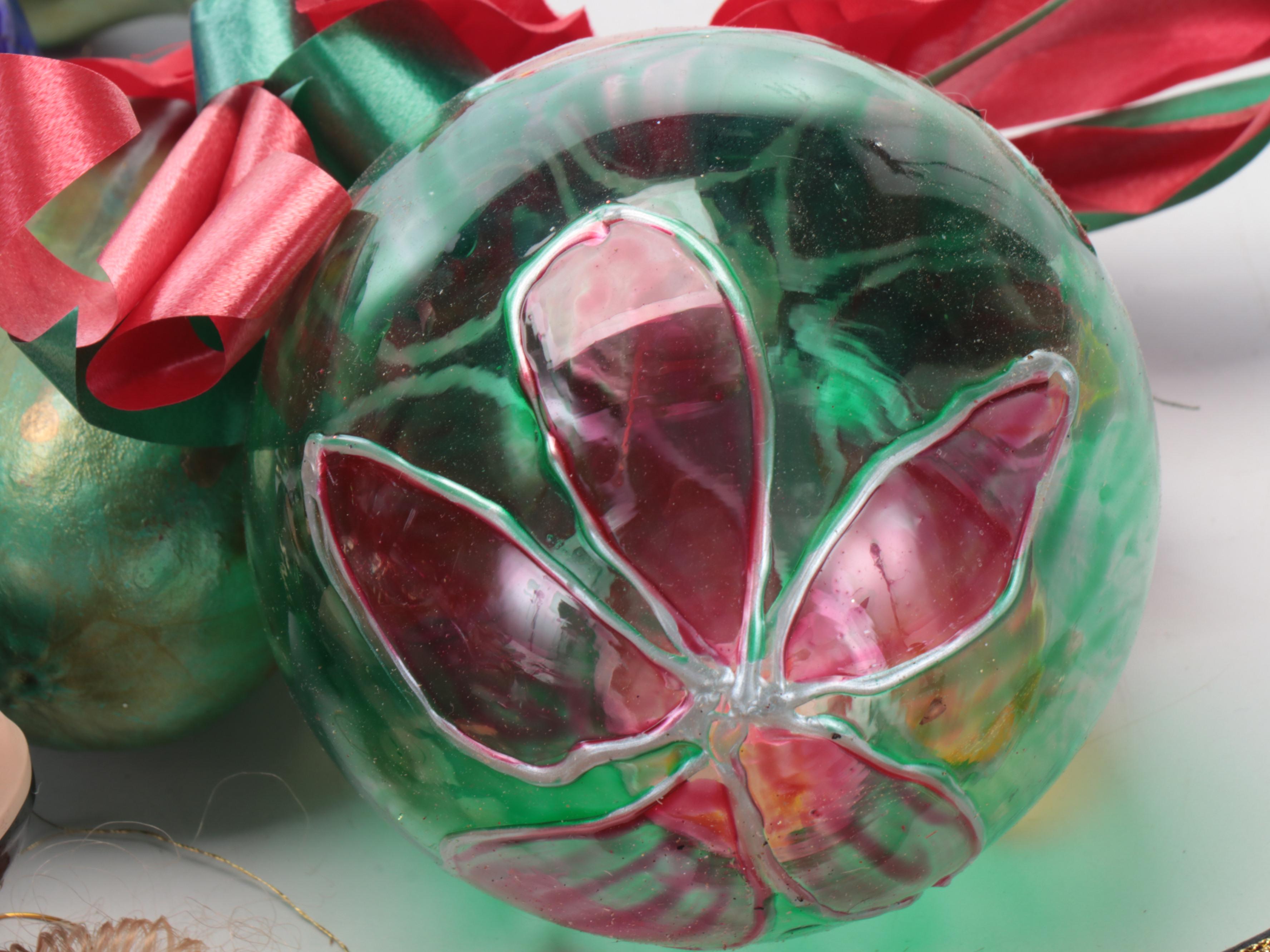 Hand-Painted Glass, Carved Wood and Acrylic Orbs and Figural Tree Ornaments