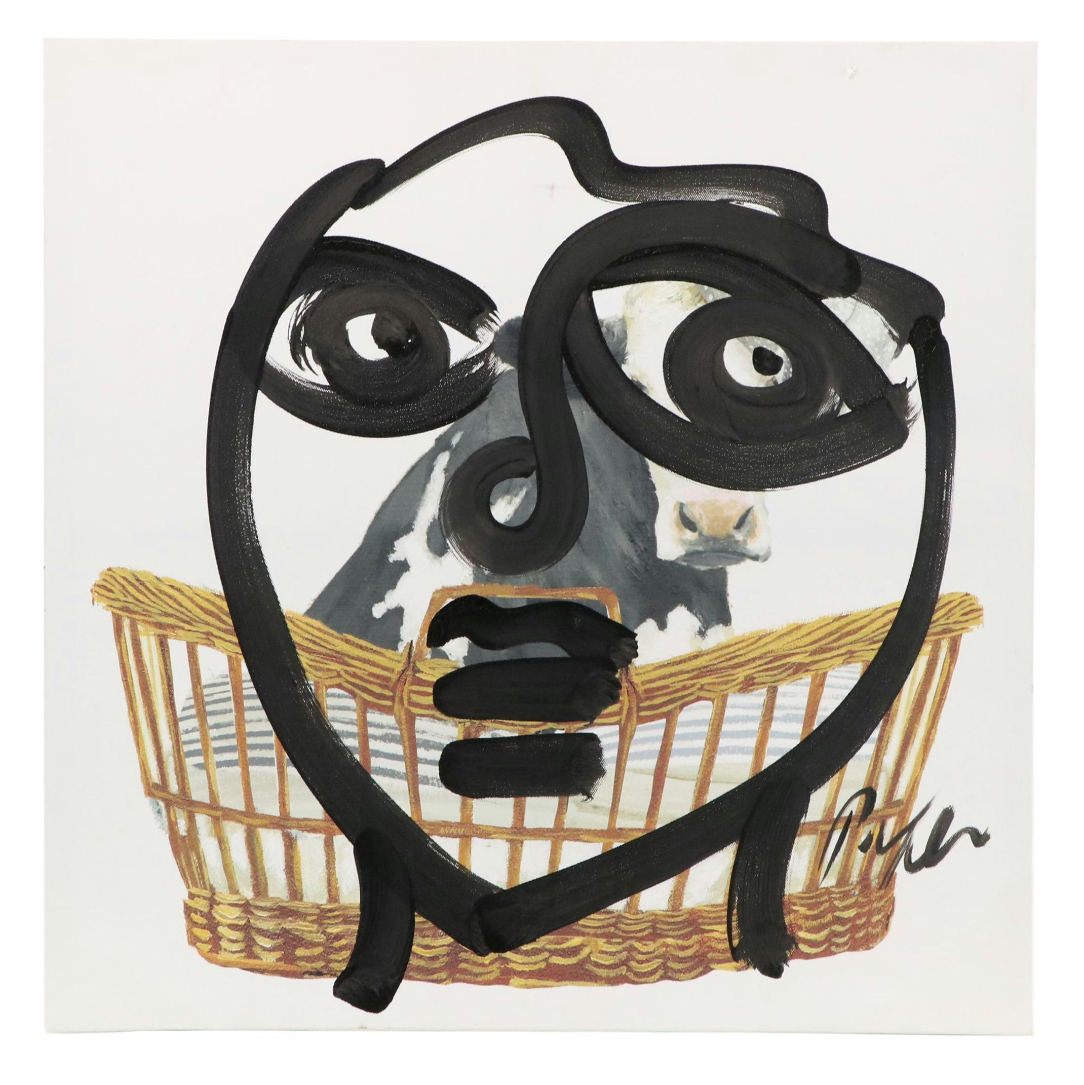 Peter Keil Abstract Acrylic Portrait Over Giclée of Cow in Basket