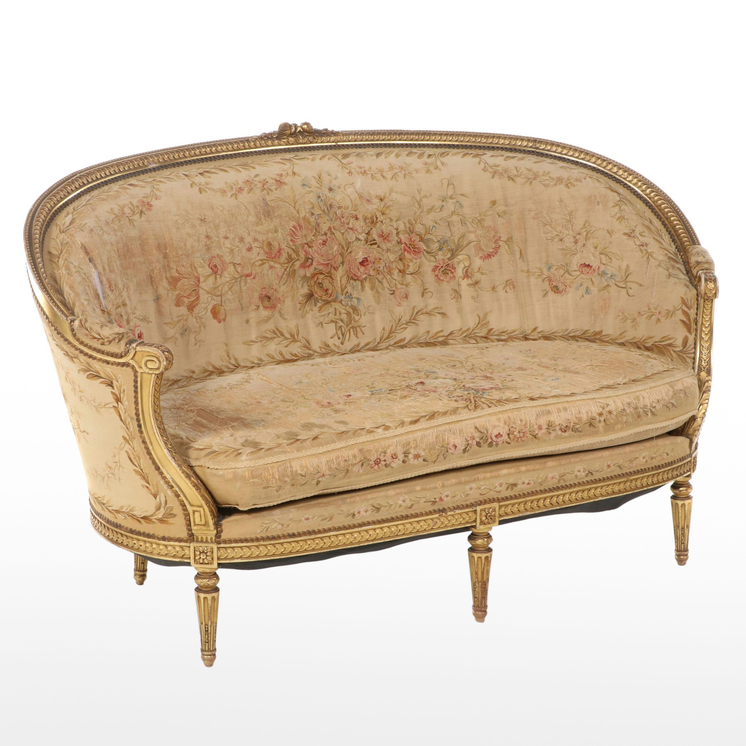 Armand Bardié Louis XVI Style Giltwood and Aubusson Tapestry Settee