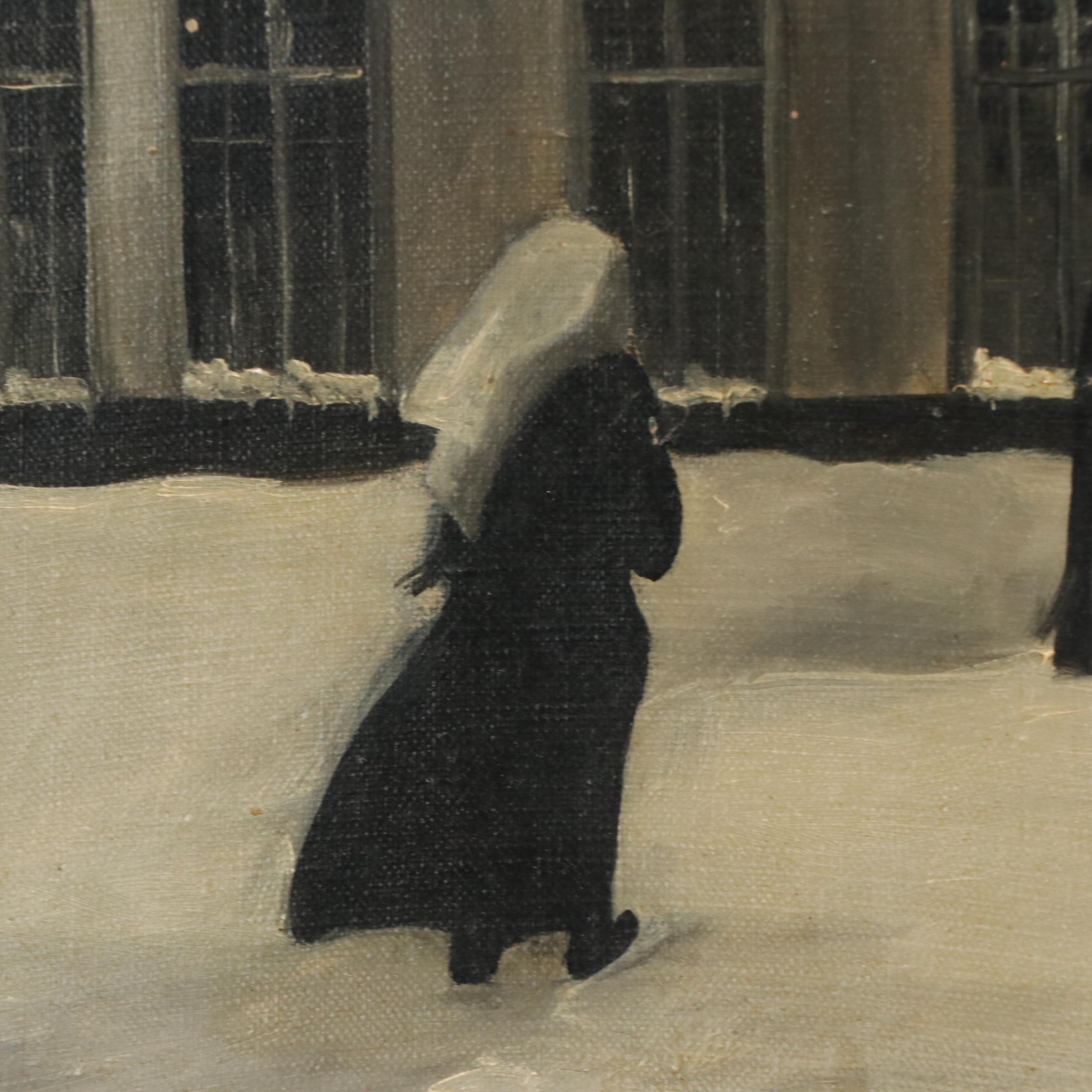M. Thiéry Oil Painting of a Snowy Church Scene with Nun