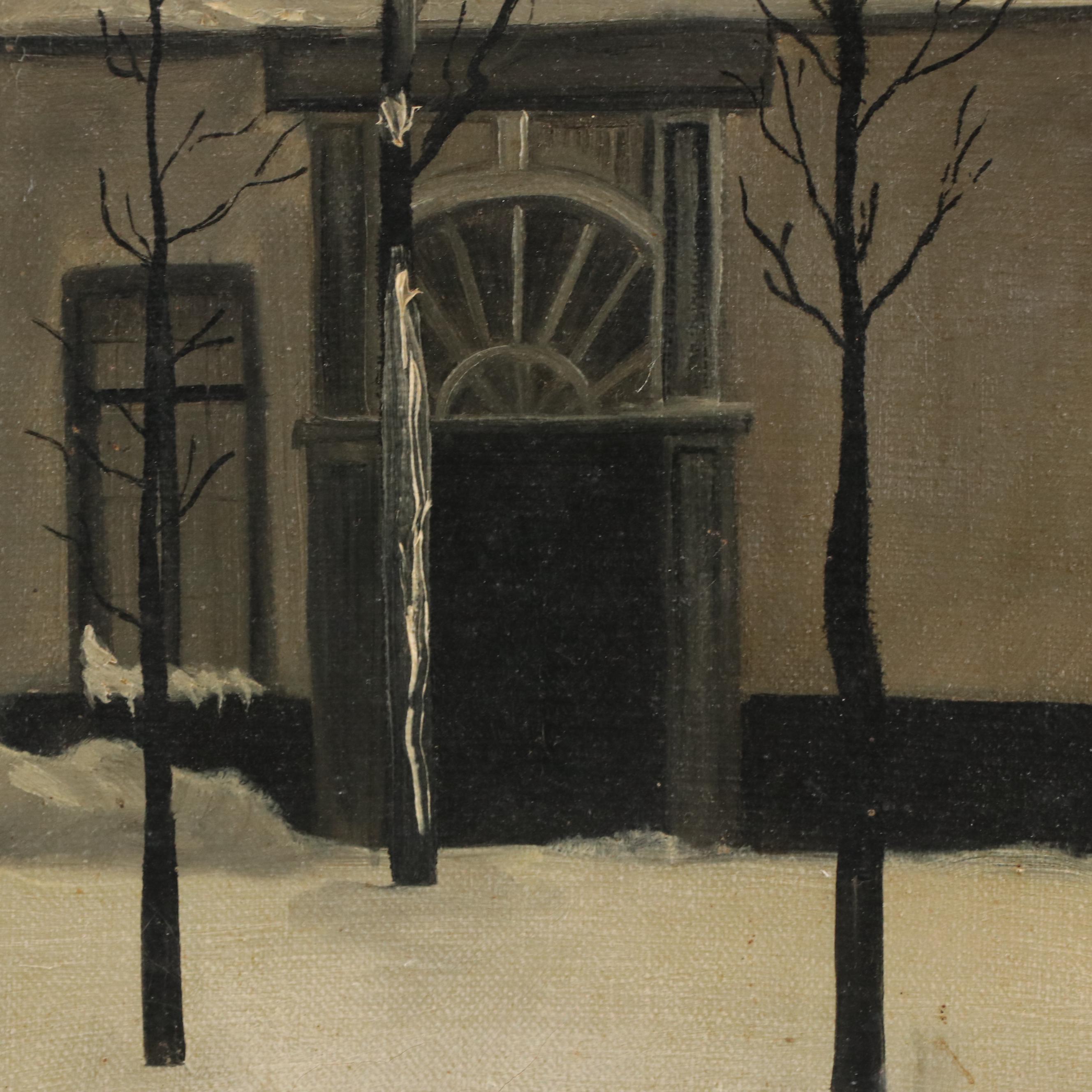 M. Thiéry Oil Painting of a Snowy Church Scene with Nun