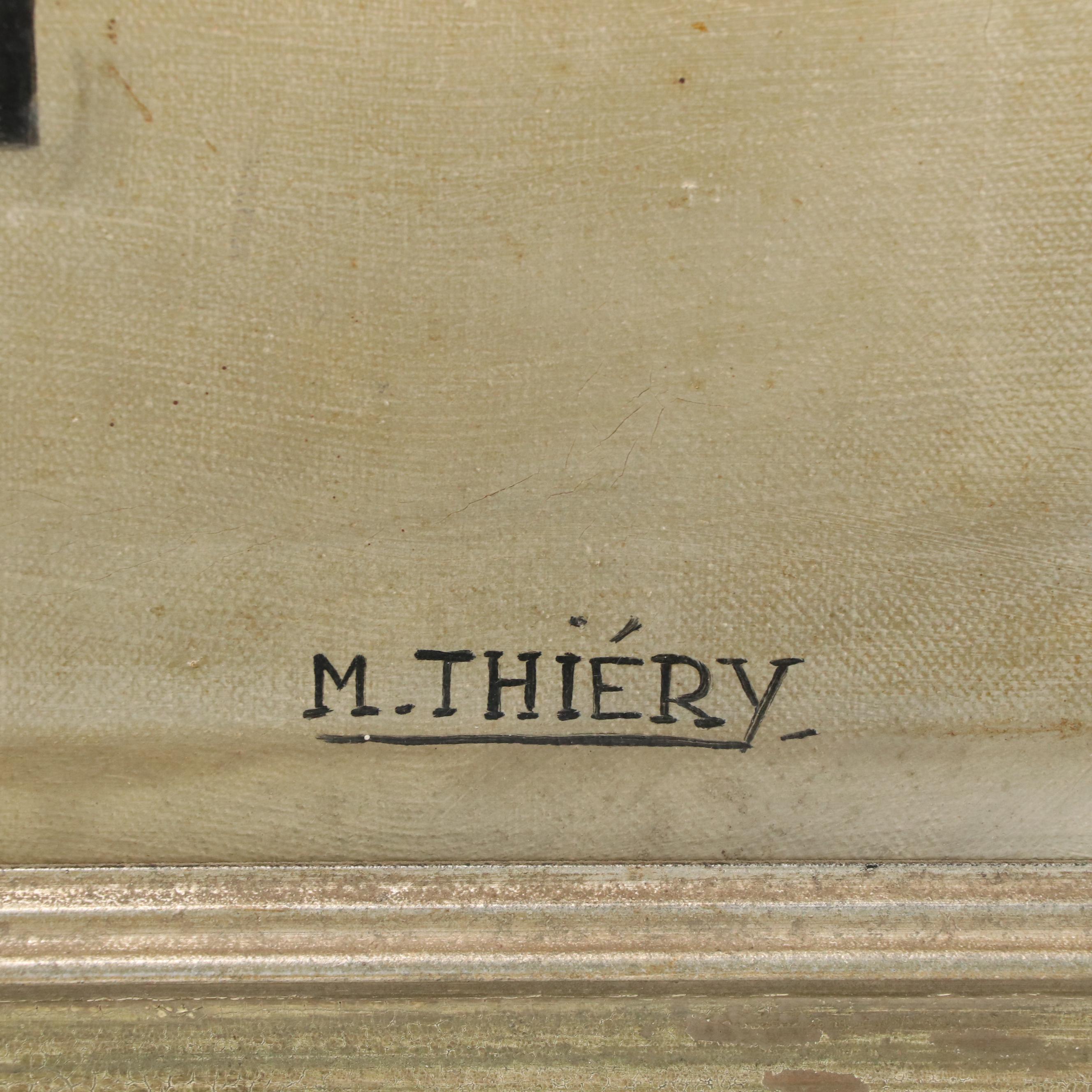 M. Thiéry Oil Painting of a Snowy Church Scene with Nun