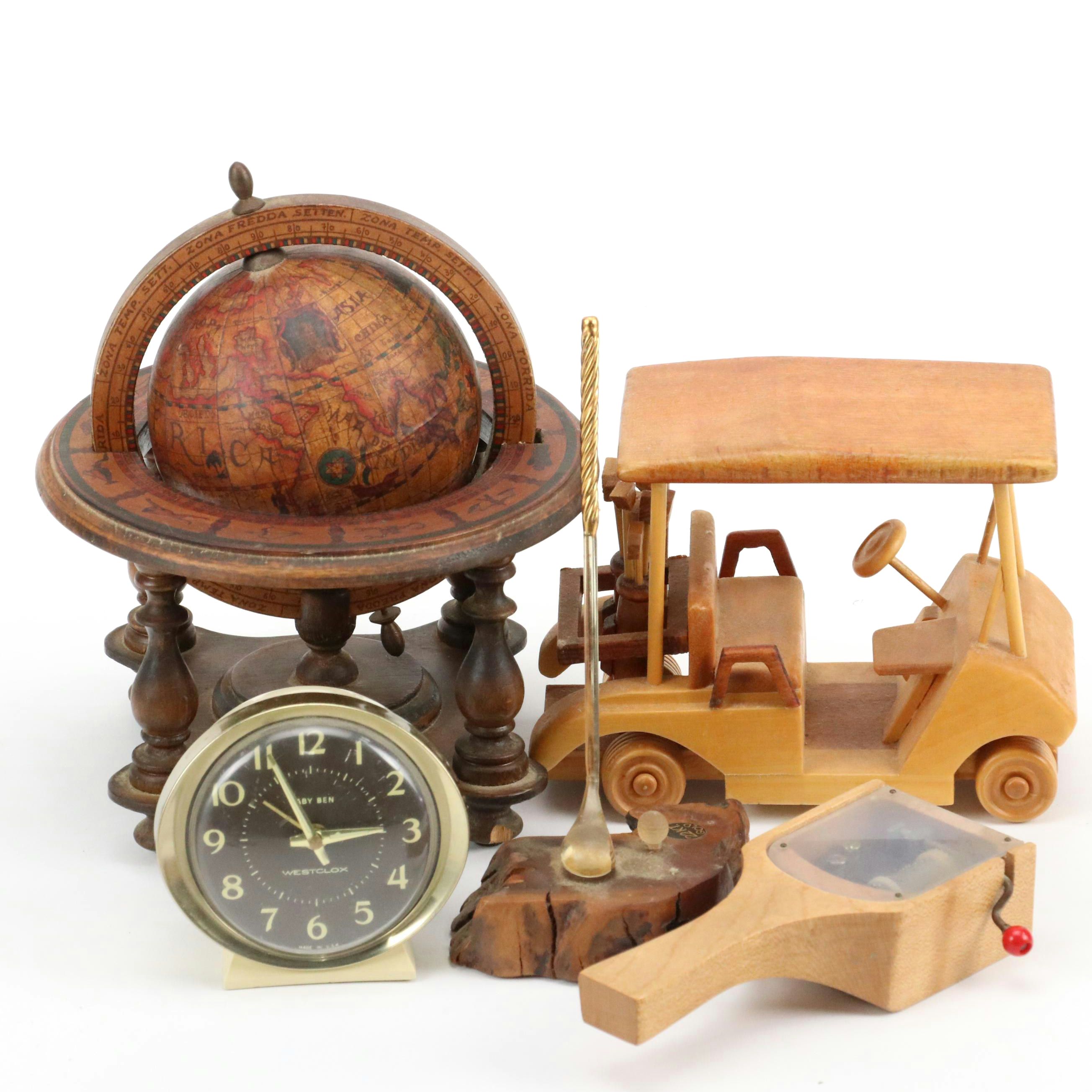 Westclox Art Deco Style Alarm Clock with Miniature Globe and Other Décor