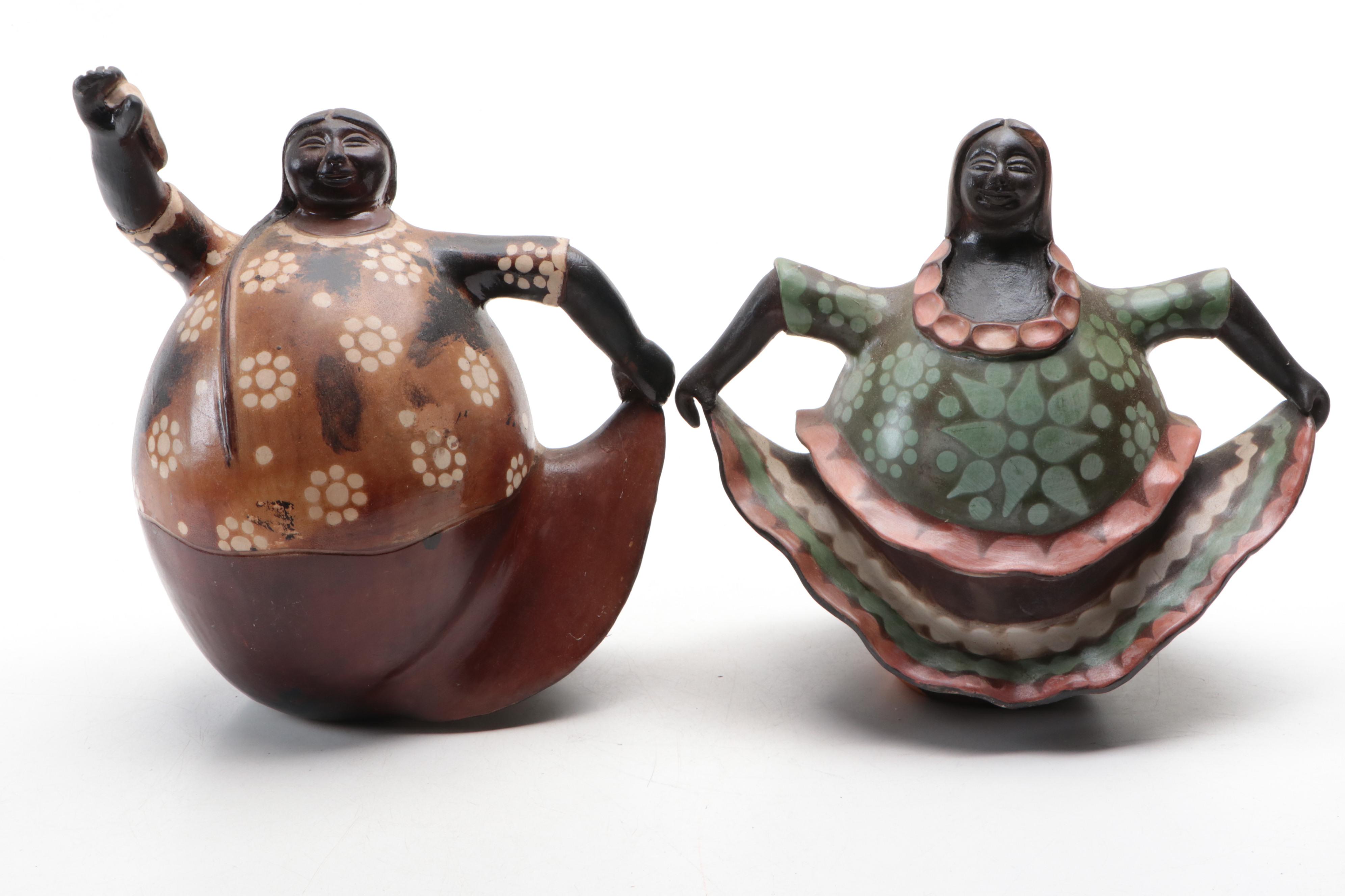 Peruvian Folk Art Terracotta Figures of Female Dancers and Waterbearers