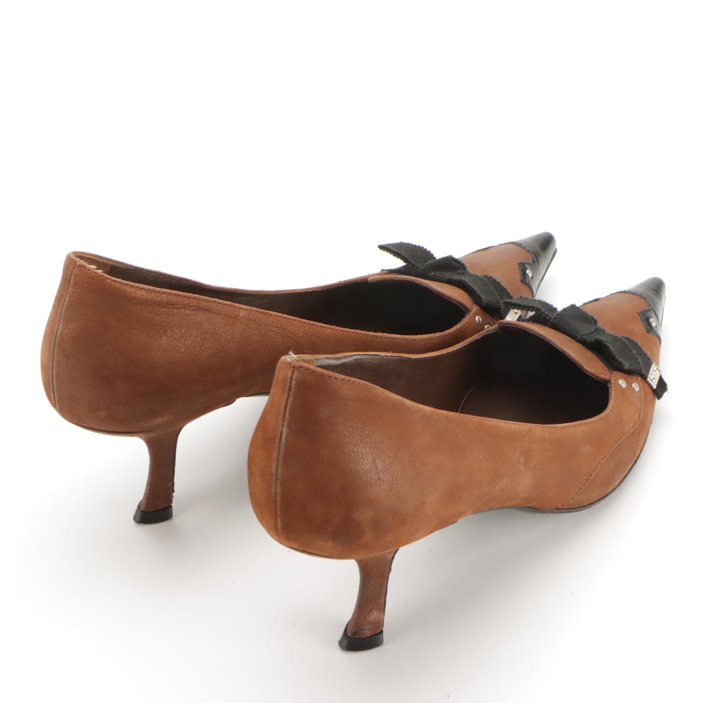 Prada Pointed Toe Bow Heels in Brown Leather and Suede
