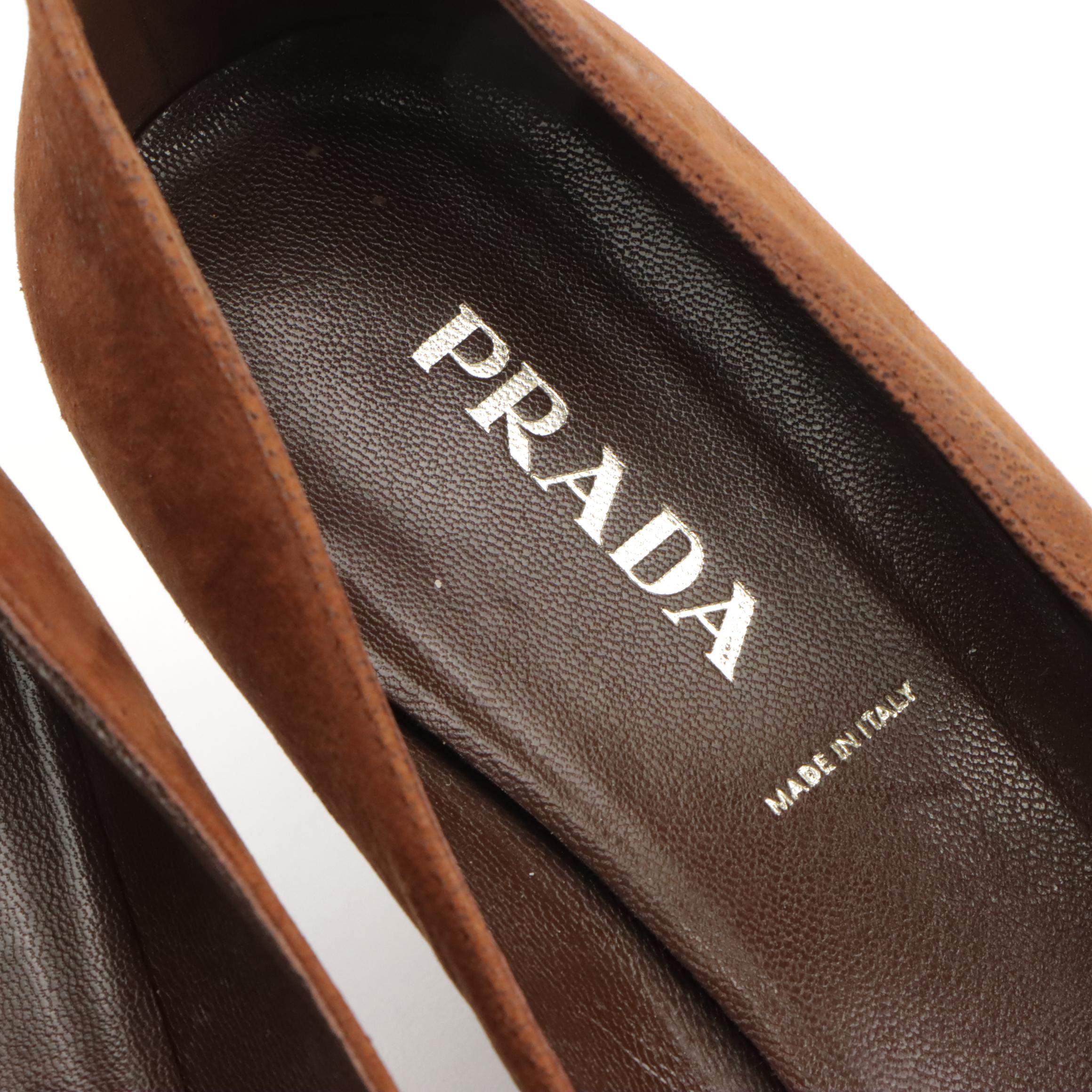 Prada Pointed Toe Bow Heels in Brown Leather and Suede