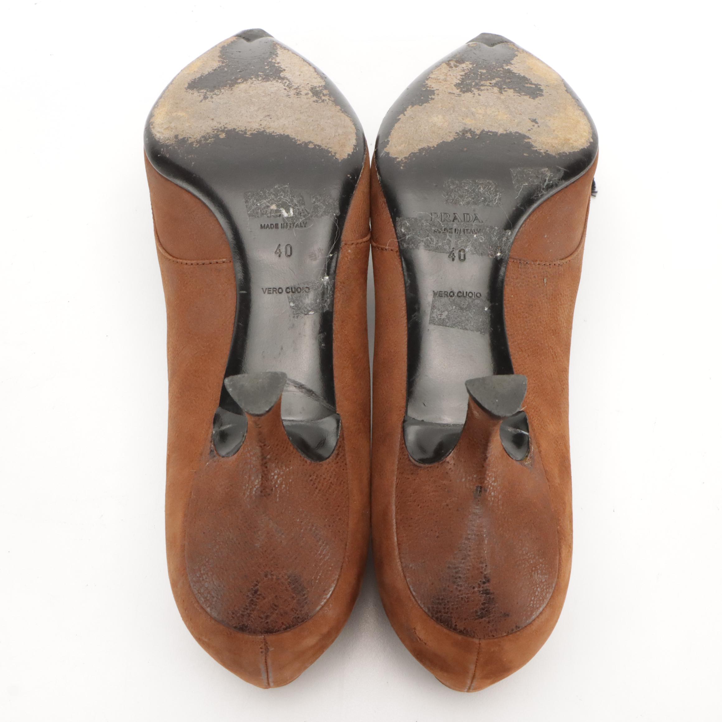 Prada Pointed Toe Bow Heels in Brown Leather and Suede