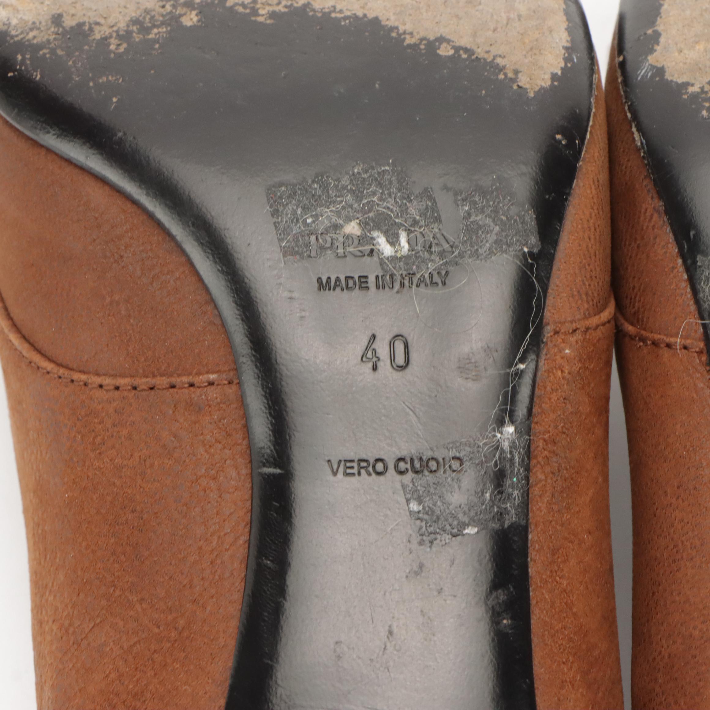 Prada Pointed Toe Bow Heels in Brown Leather and Suede