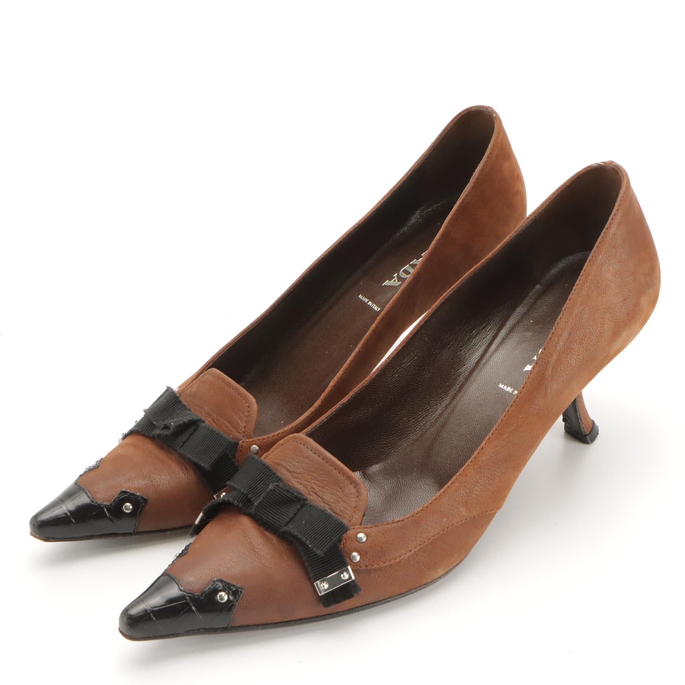Prada Pointed Toe Bow Heels in Brown Leather and Suede